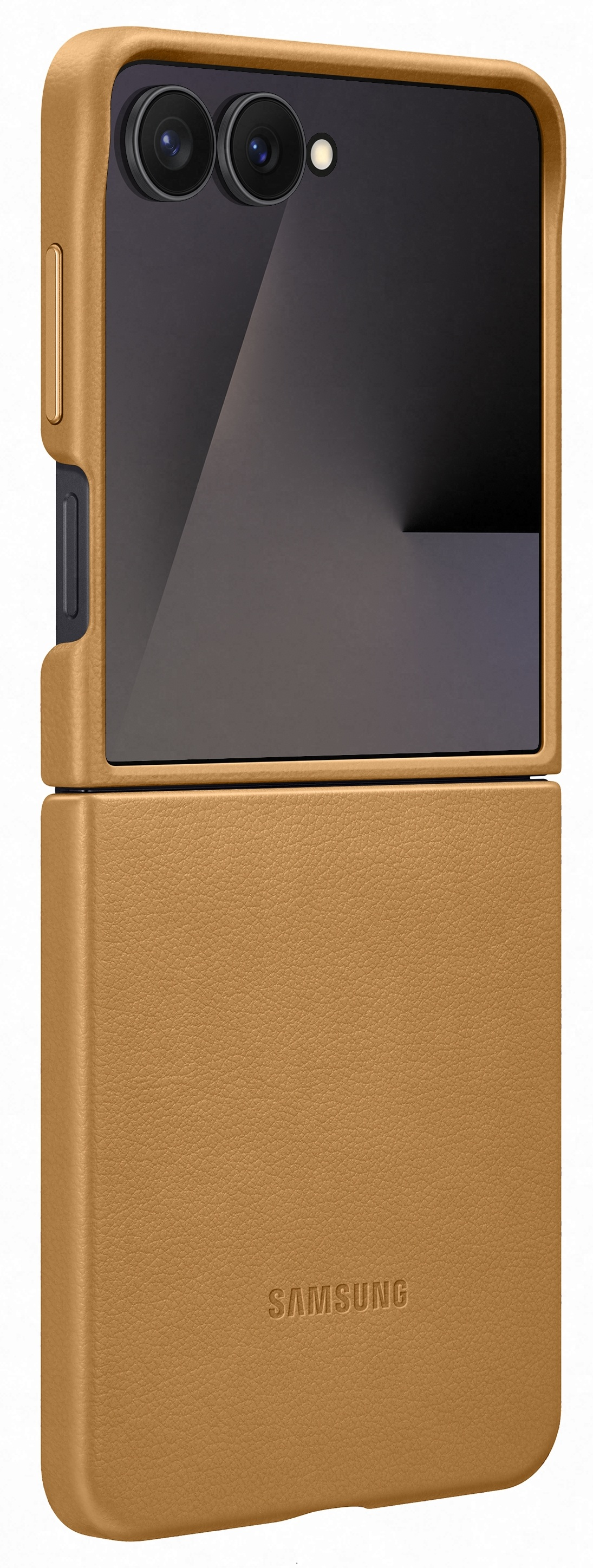 Skórzane etui na telefon w kolorze beżowym, złożone. Jest to etui Samsung z dwoma aparatami. Nazwa marki jest wytłoczona.