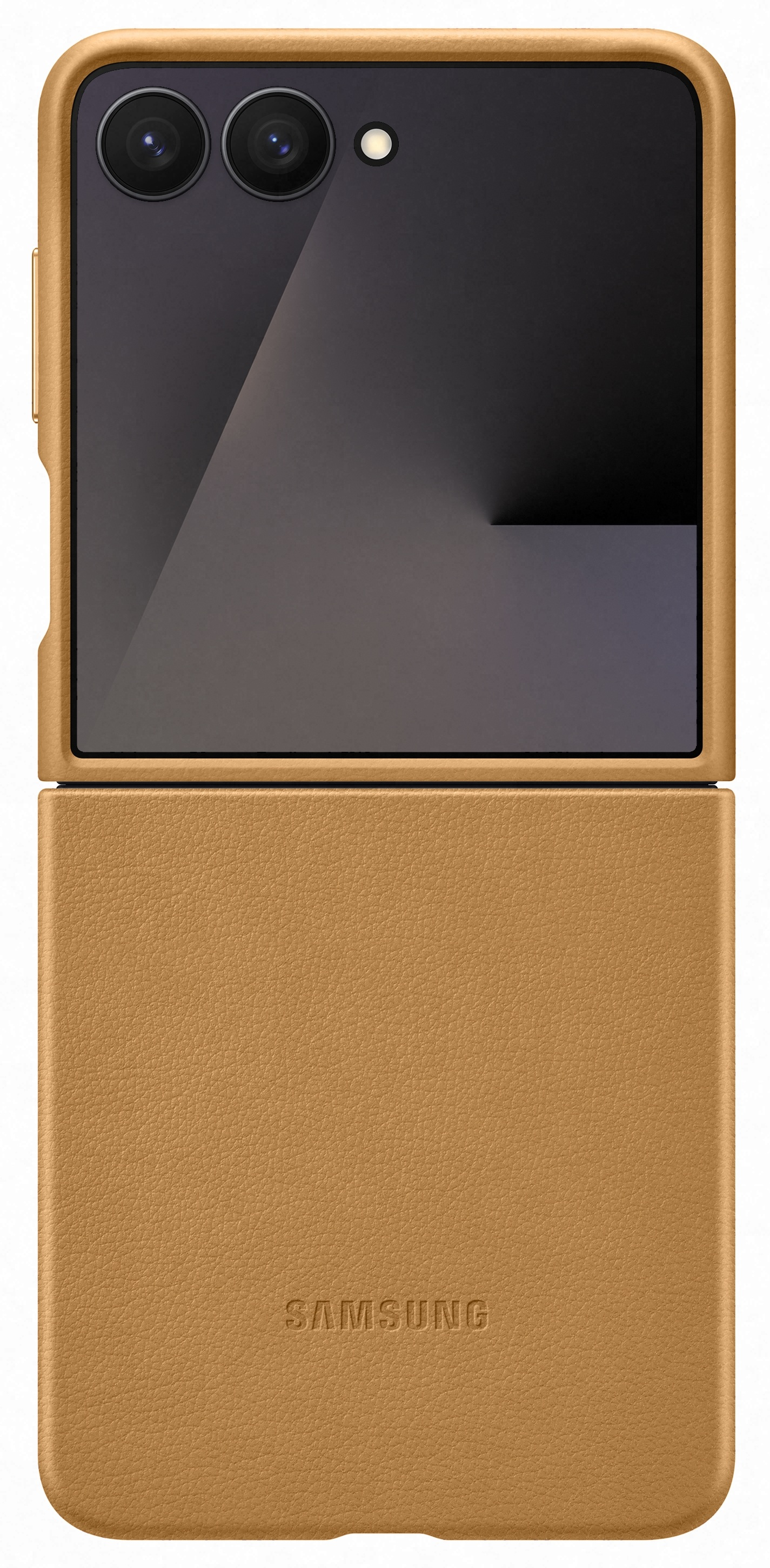 Złożone brązowe etui na telefon z czarnym ekranem i dwoma obiektywami aparatu. Na dole znajduje się logo Samsung.
