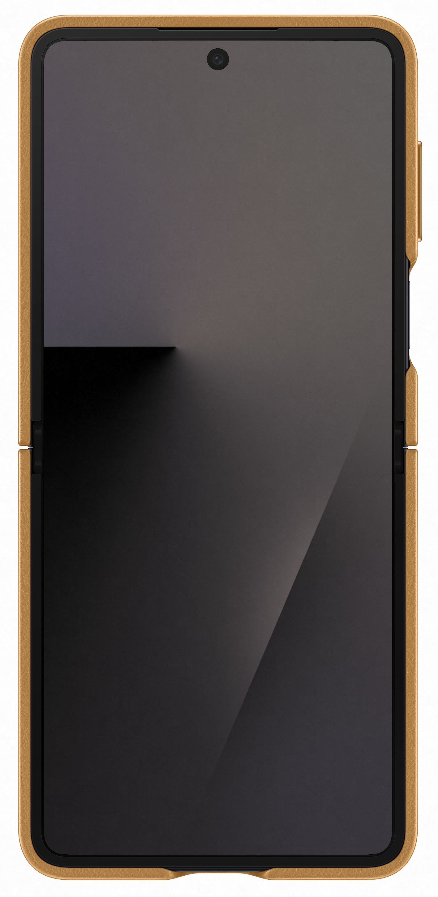 Smartfon w jasnobrązowym skórzanym etui. Ekran jest ciemny z aparatem u góry. Etui jest złożone.