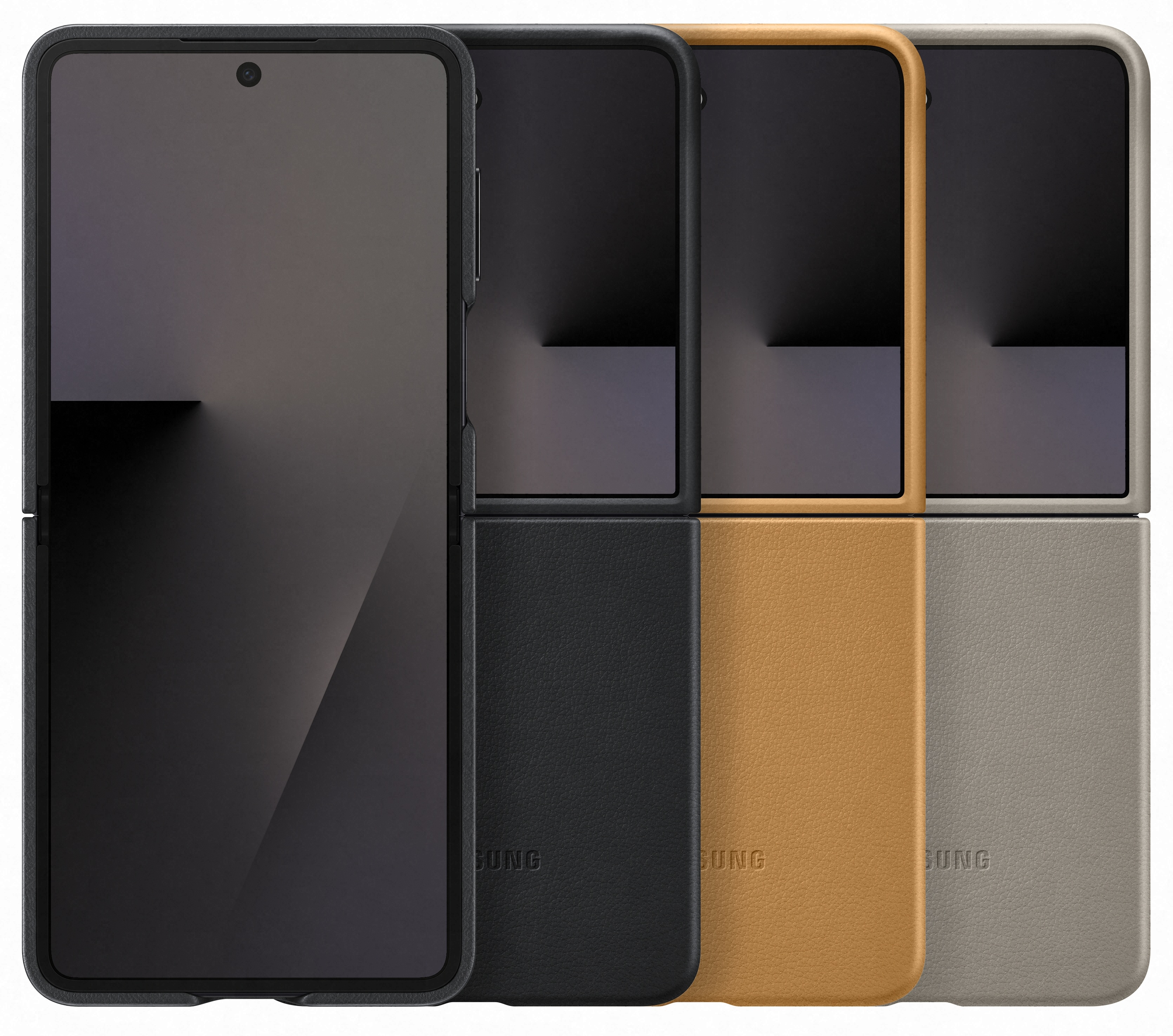 Cztery zamknięte etui na telefony z klapką w kolorze czarnym, czarnym, brązowym i szarym. Każdy pokazuje logo Samsung.