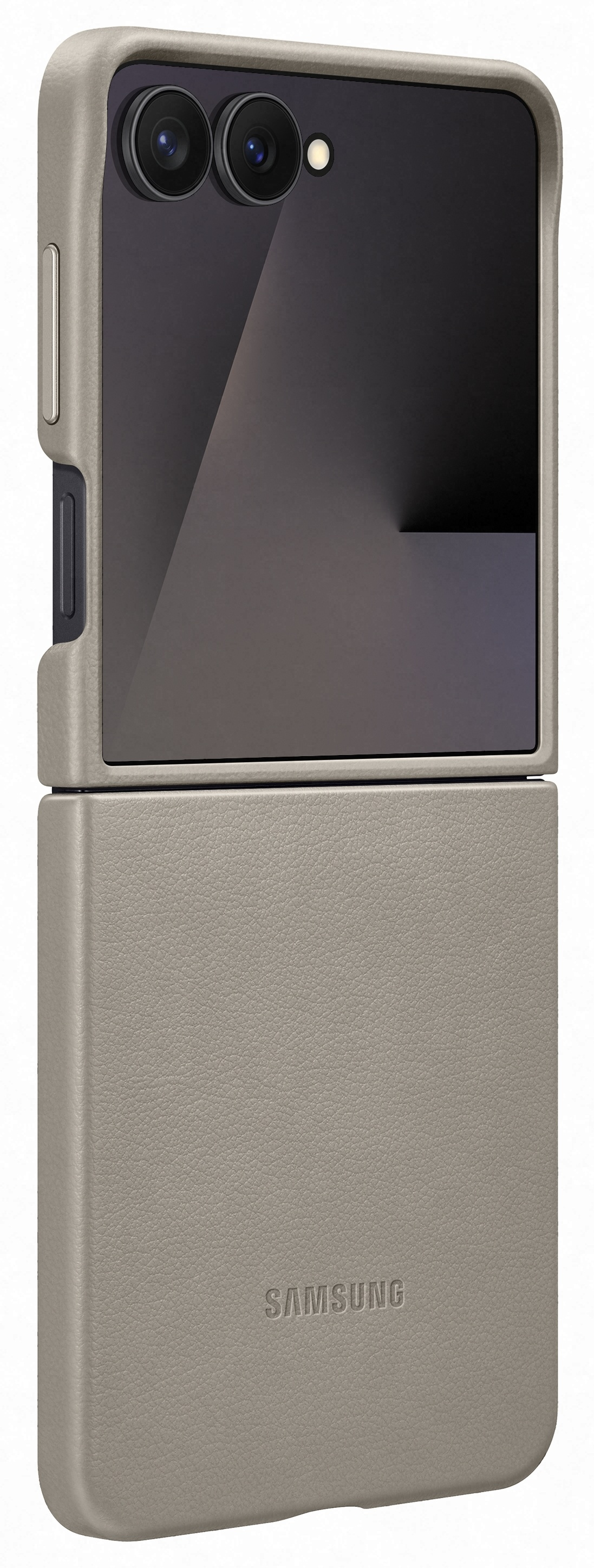 Jasnoszare etui na telefon Samsung. Telefon jest częściowo złożony, odsłaniając obiektywy aparatu i logo Samsung.