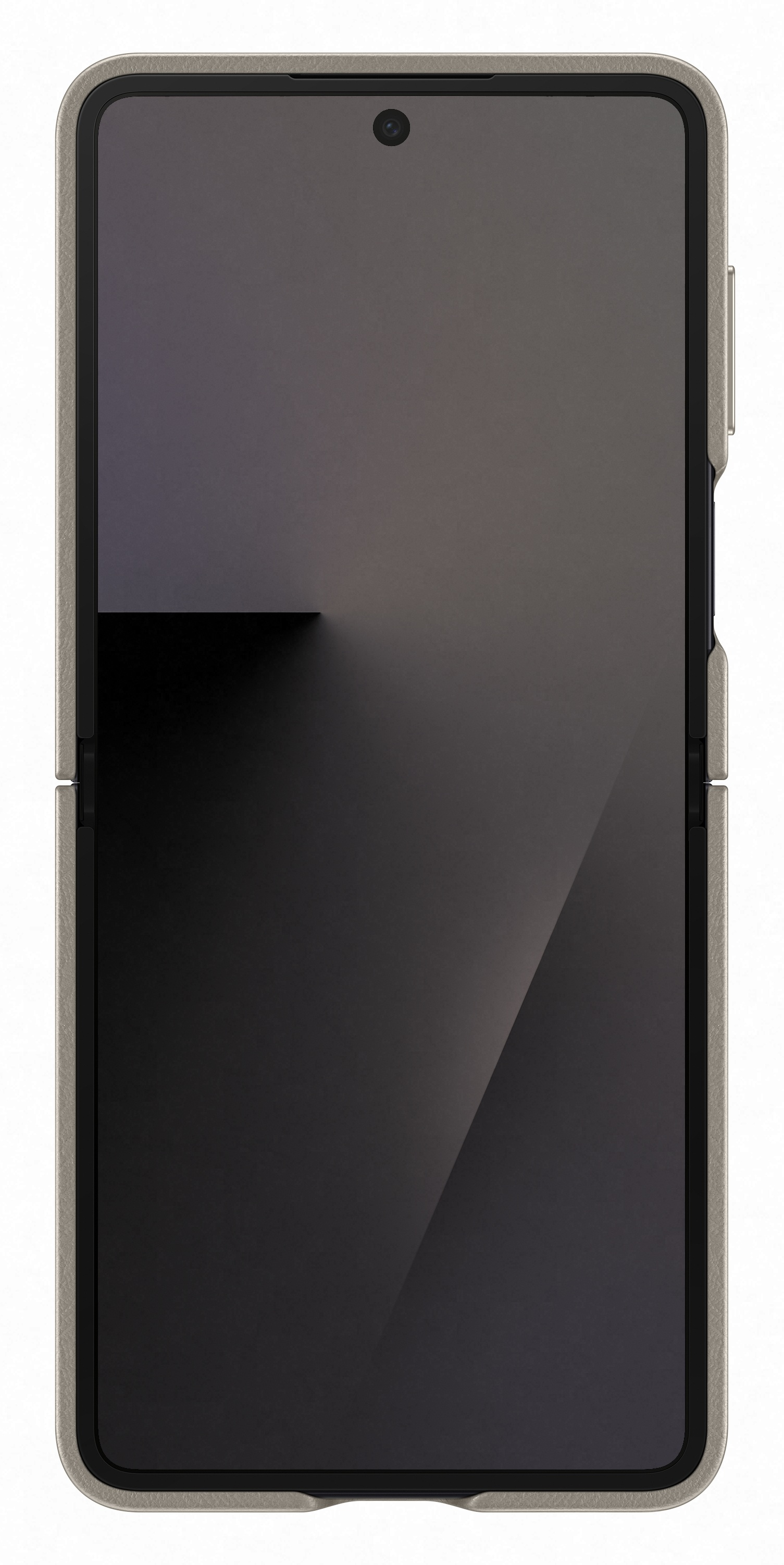 Złożony smartfon, szaro-brązowa obudowa, czarny ekran z gradientem. Widoczna jest kamera.