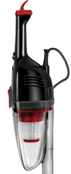 Czarny i czerwony odkurzacz ręczny. Ma przezroczysty pojemnik na kurz, czerwoną górę i filtr oraz zakrzywiony uchwyt.
