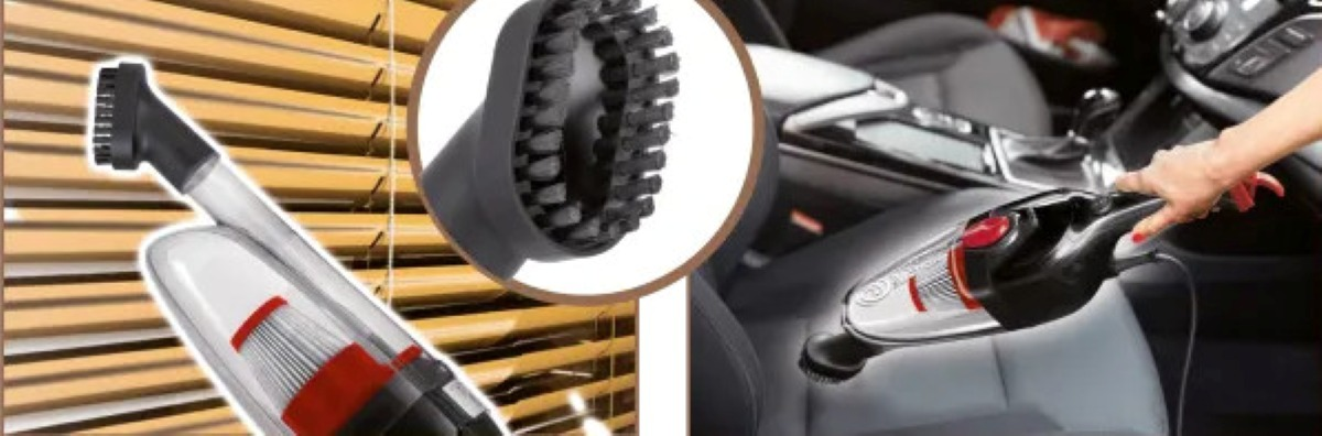 Pokazano odkurzacz ręczny. Ręka trzyma go w pobliżu siedzenia samochodowego. Zbliżenie pokazuje głowicę szczotki.