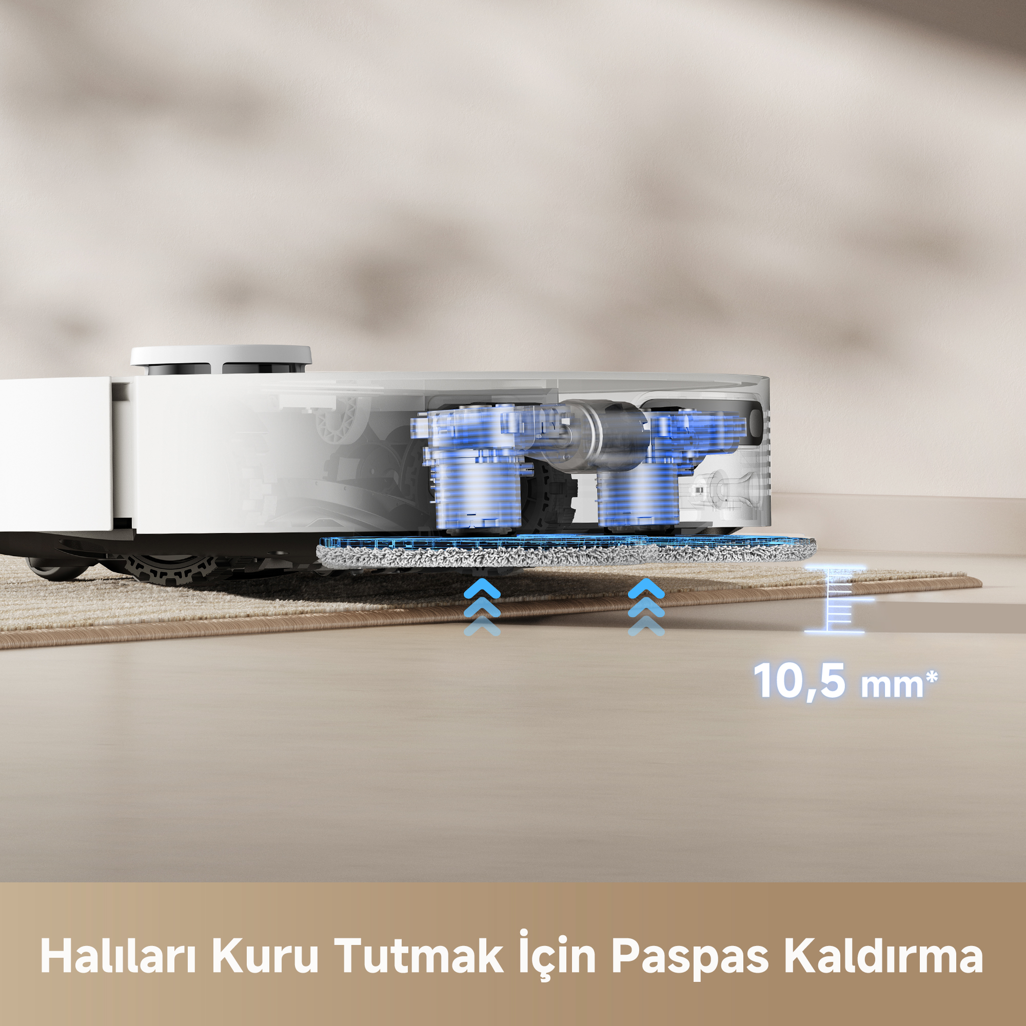 Beyaz robot süpürge, iç bileşenleri gösteriyor. Halıları önlemek için paspası kaldırır. Metin: 10,5 mm. Mavi oklar kaldırmayı gösterir.