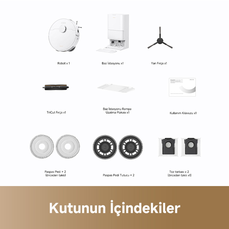 Görselde robot süpürge parçaları gösteriliyor: robot, ana istasyon, yan fırça, TriCut fırça, rampa, kılavuz, pedler, tutucular ve toz torbaları.