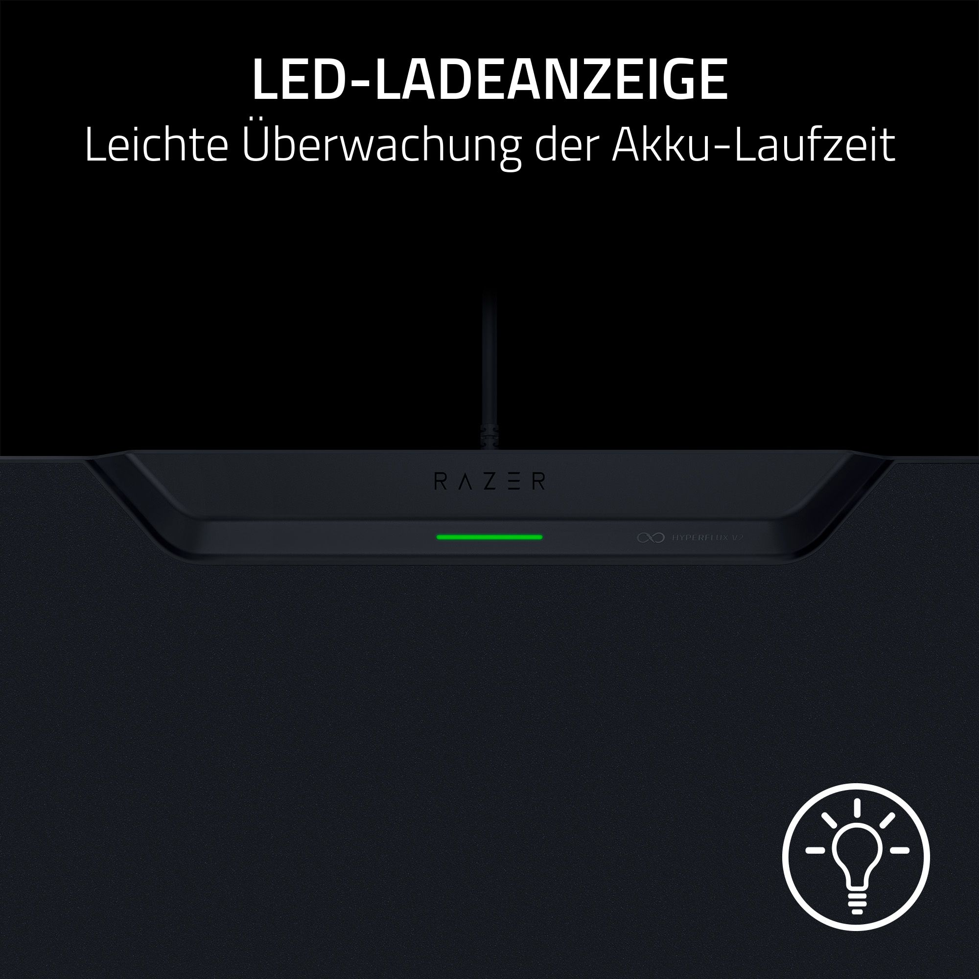 Schwarzes Gerät mit grüner LED-Anzeige, Razer-Logo und Glühbirnen-Symbol. Text oben: LED-Ladeanzeige, Akku-Laufzeit.
