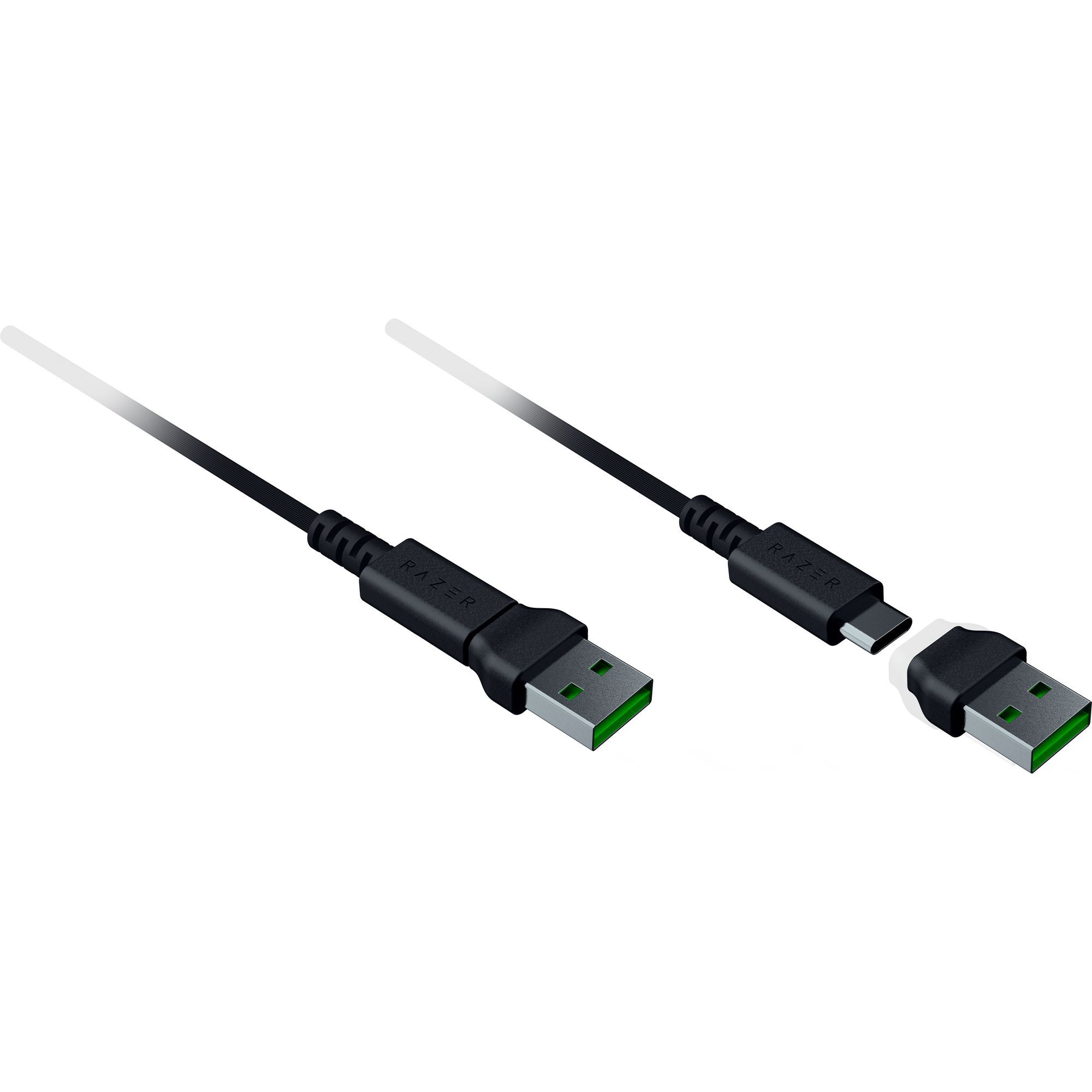 Zwei schwarze Razer-USB-Kabel. Eines mit USB-A-, das andere mit USB-C-Anschluss. Beide haben grüne Innenräume.