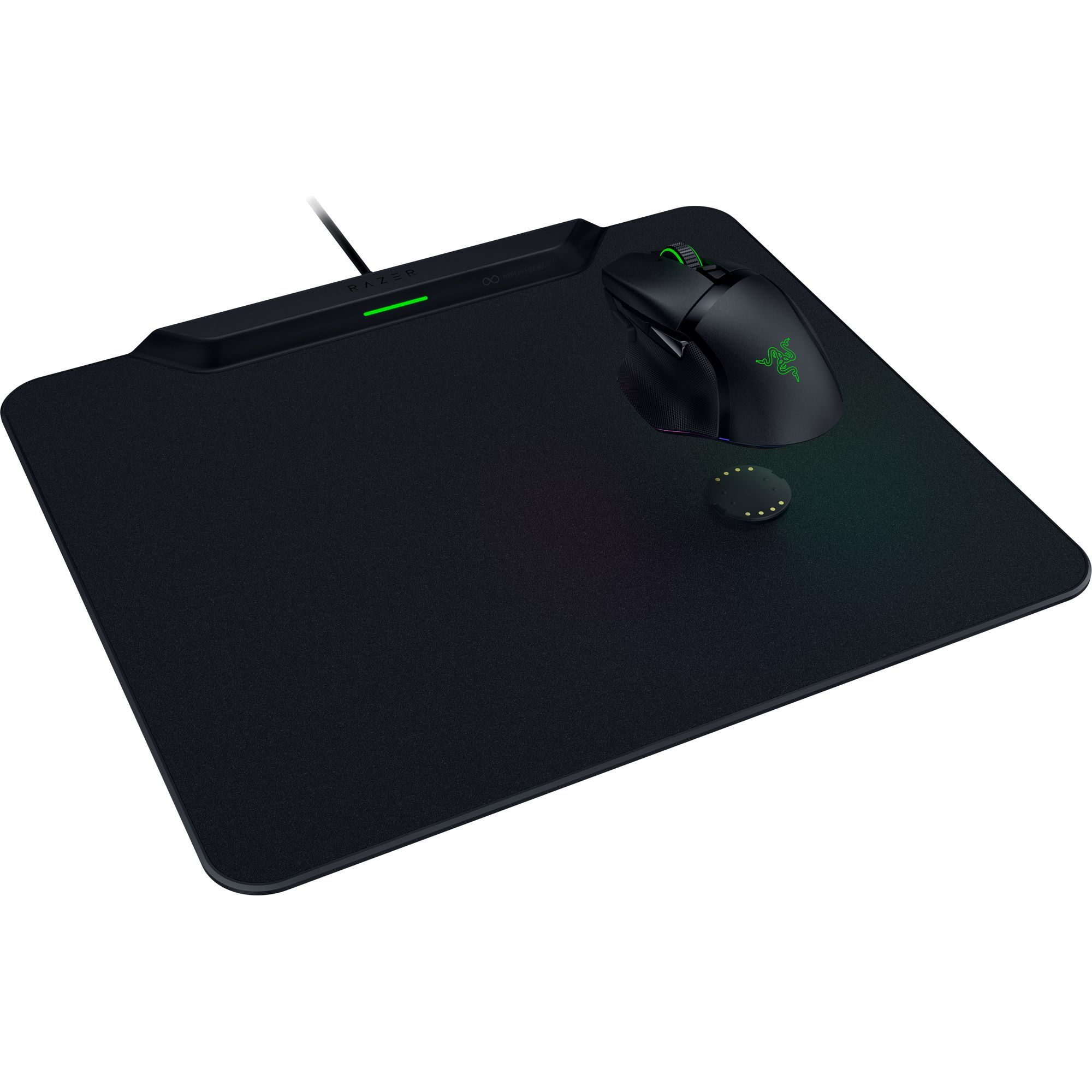 Eine schwarze Razer-Maus und eine Ladematte. Die Maus befindet sich auf der Matte mit einer Ladestation. Schwarz mit grünen Akzenten.