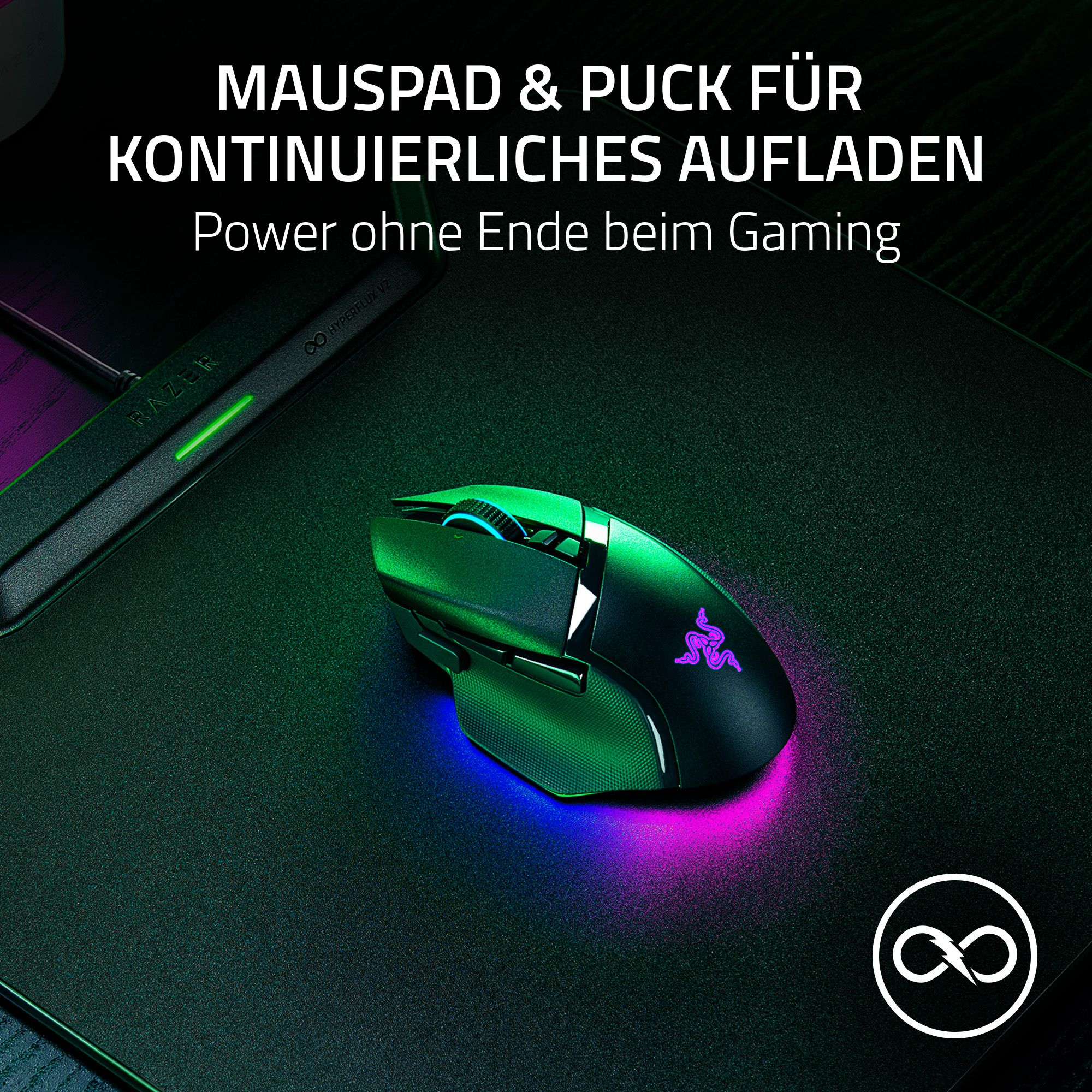 Gaming-Maus auf einem Mauspad. Grün, Blau und Pink leuchten. Razer-Logo. Text: Mauspad & Puck für kontinuierliches Aufladen.