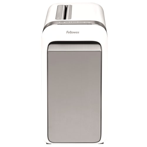 Una destructora de papel Fellowes blanca con un panel frontal gris y ranuras superiores.