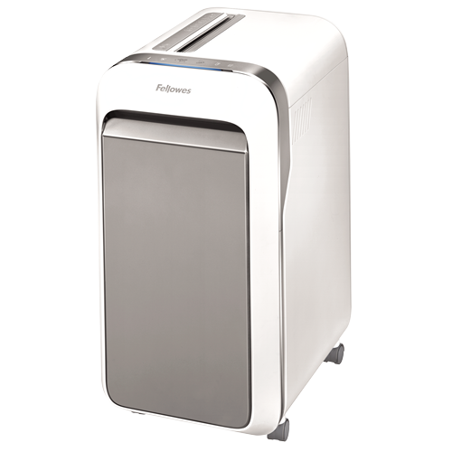 Una destructora de papel Fellowes blanca con una puerta delantera gris. Tiene una ranura de entrada de papel y ruedas.