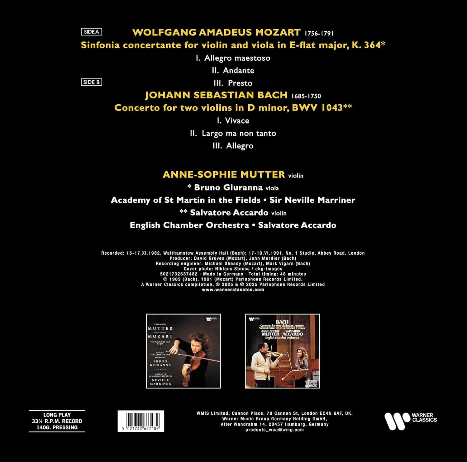 Albumcover mit musikalischen Informationen. Enthält die Komponisten Mozart und Bach, die Interpreten Anne-Sophie Mutter und Aufnahmedetails.