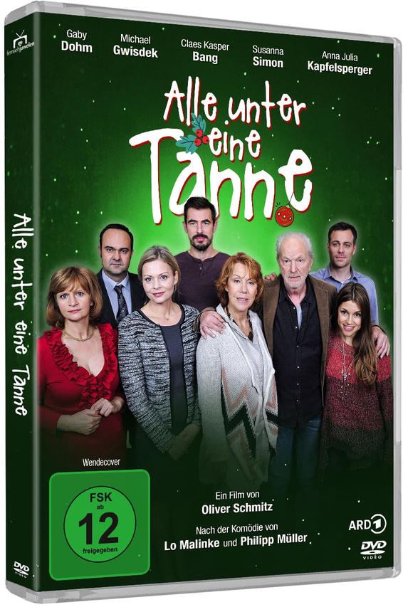 DVD-Cover des Films 'Alle unter eine Tanne'. Es zeigt eine Gruppe von Personen und den Titel in weißen Buchstaben auf grünem Grund.