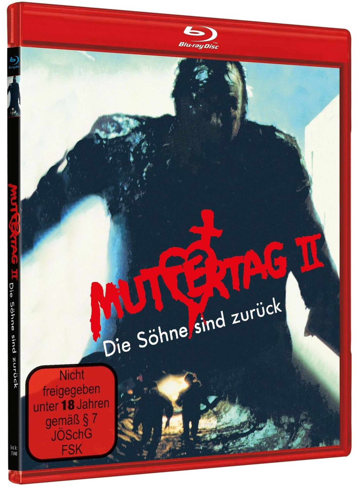 Blu-ray-Disc-Cover für Muttertag II. Eine schattenhafte Figur dominiert das Cover. Text in Rot, einschließlich Titel und Altersbeschränkung.