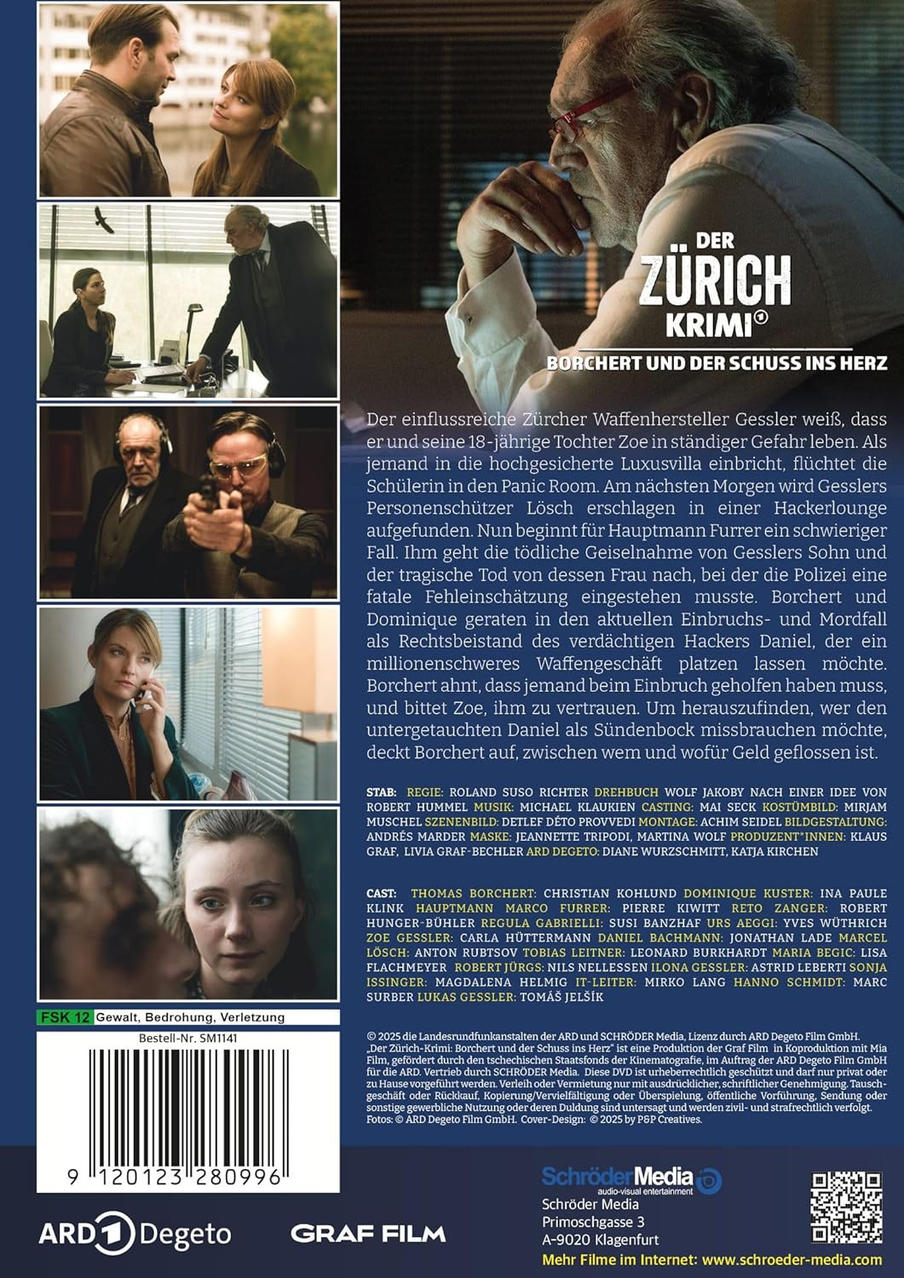 Filmplakat mit Schauspielern und Text. Enthält einen Mann mit Brille, Titel "Der Zürich-Krimi" und ein Tatortfoto.