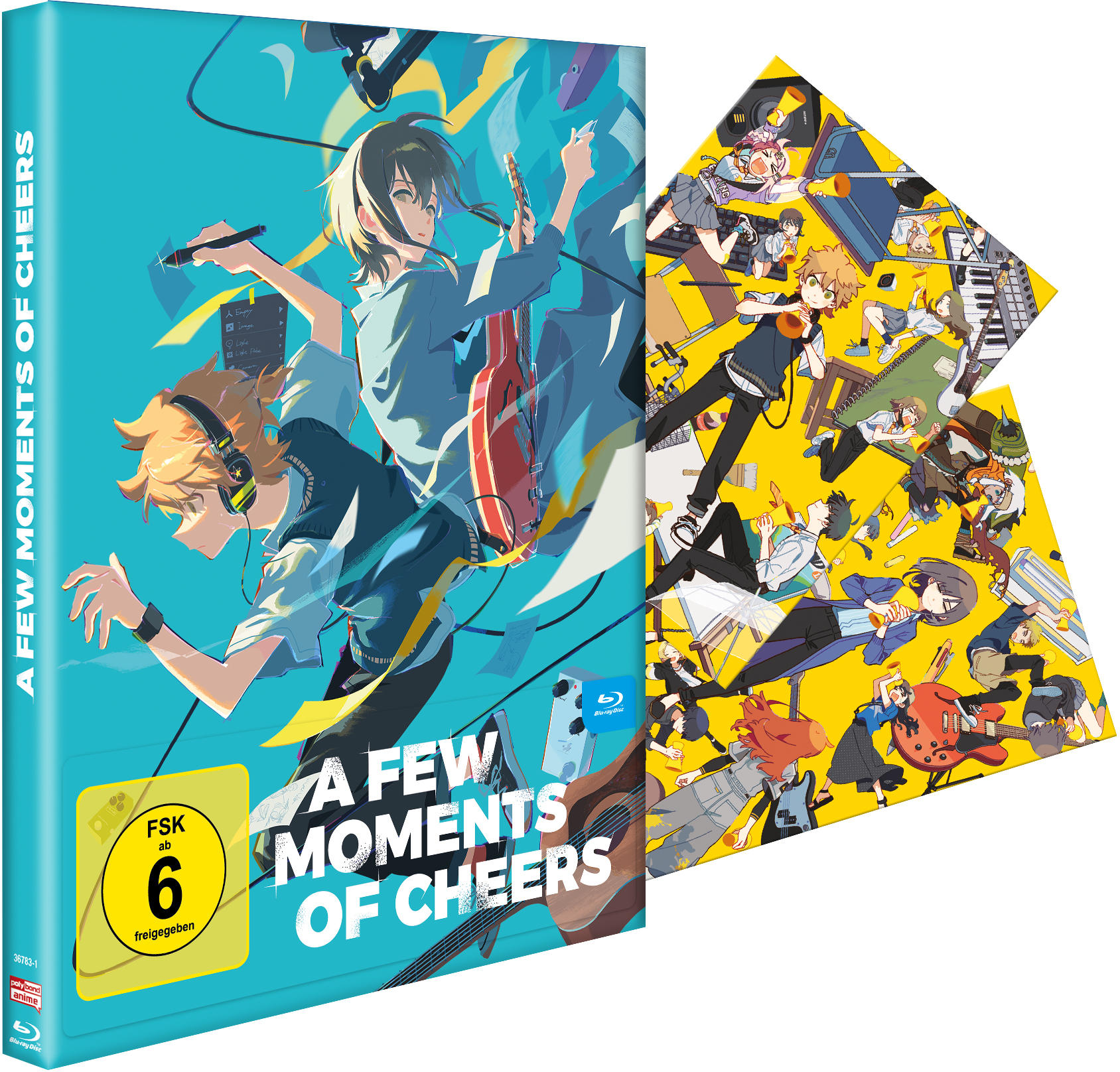 Cover-Art für „A Few Moments of Cheers“. Anime-Figuren mit Instrumenten. Blu-ray-Label sichtbar.