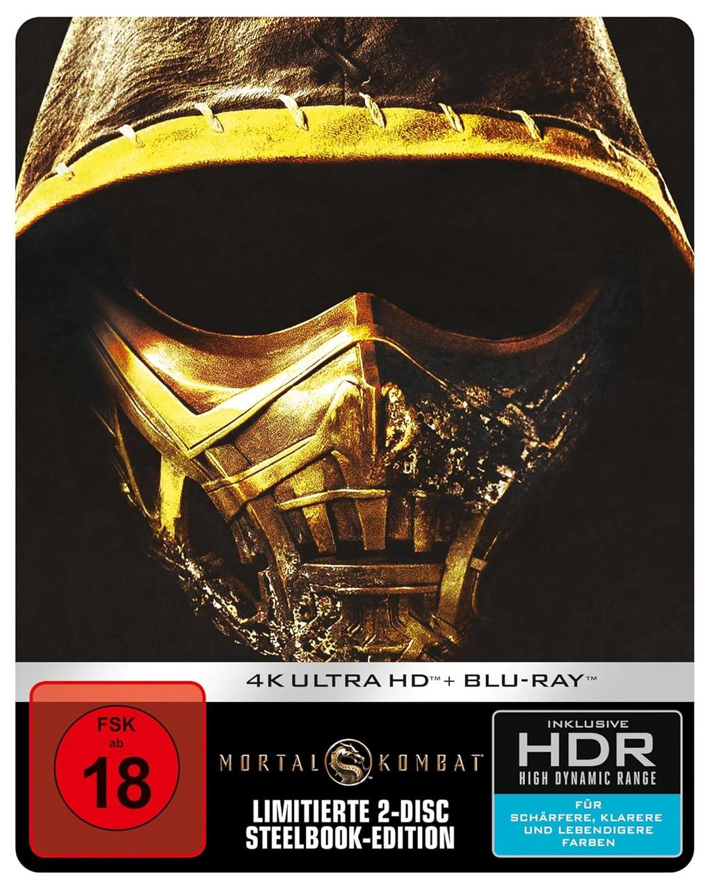 Nahaufnahme einer goldenen Maske und Kapuze, Mortal Kombat Cover. Enthält Text: 4K Ultra HD, Blu-ray, FSK 18, HDR, und Mortal Kombat Logo.