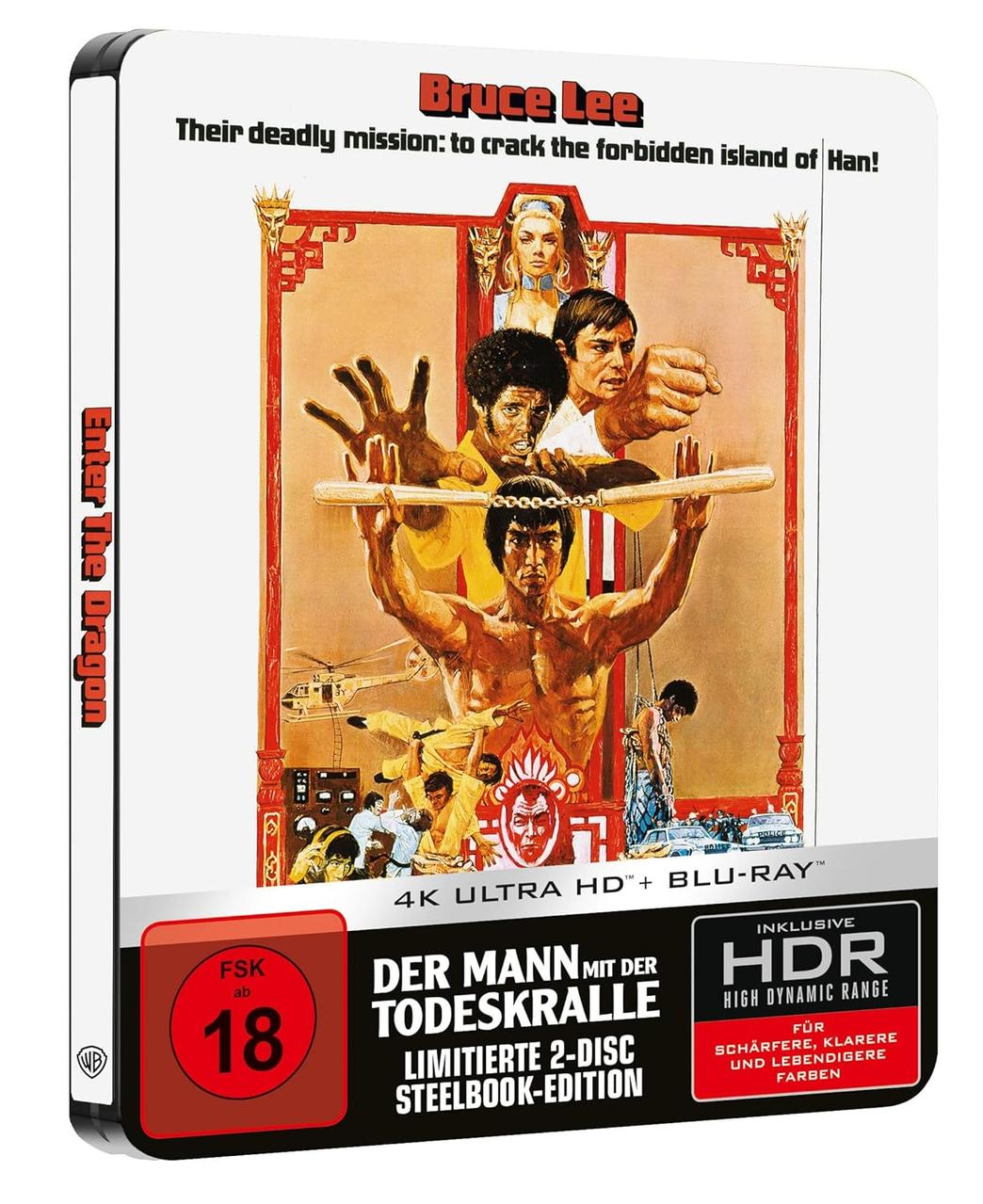 Filmcover für 'Enter the Dragon' mit Bruce Lee. Enthält Actionfiguren und Text auf Deutsch, einschließlich HDR und 4K UHD.