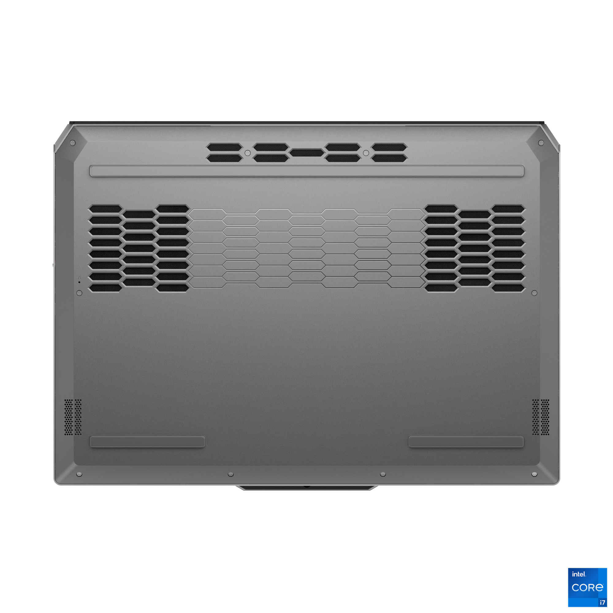 Unterseite eines grauen Laptops mit Lüftungsschlitzen und Logo auf weißem Hintergrund.