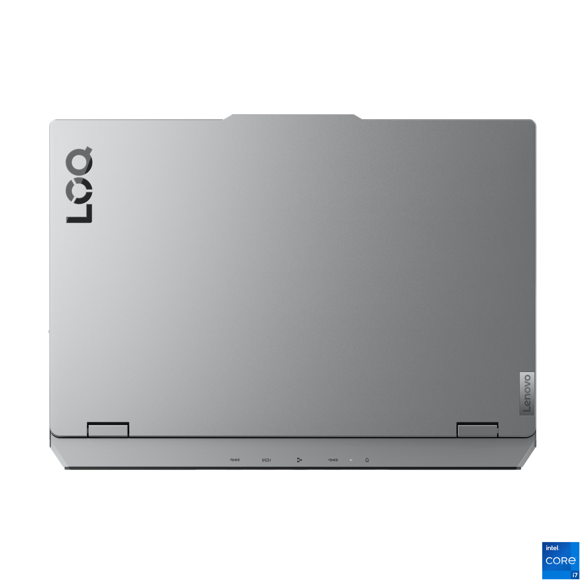 Draufsicht auf einen silbernen Lenovo Legion Laptop. Das Legion-Logo befindet sich oben links. Der Intel Core i7-Aufkleber befindet sich unten rechts.