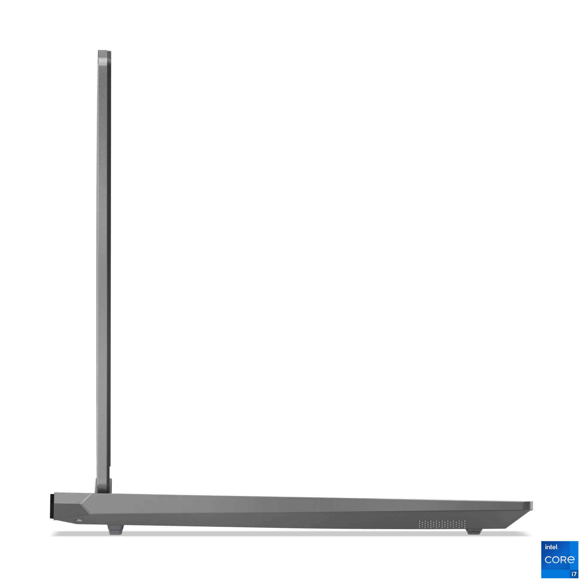 Seitenansicht eines grauen Laptops auf weißem Hintergrund. Auf der rechten unteren Seite befindet sich ein blauer und weißer Intel Core i7-Aufkleber.