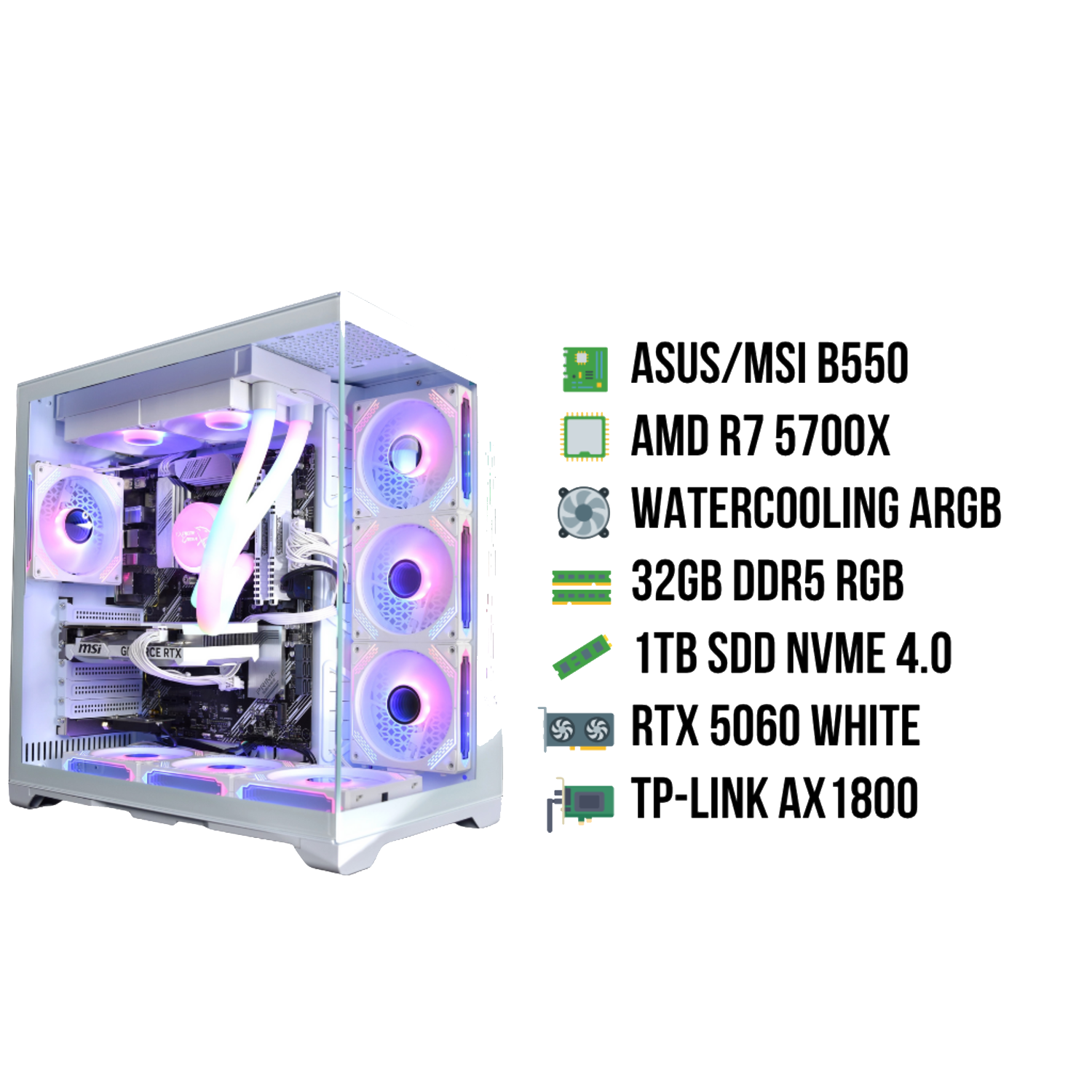 Een witte pc-behuizing met interne componenten verlicht door RGB-verlichting. Tekstdetails ASUS/MSI B550, AMD R7 5700X, Watercooling ARGB, 32GB DDR5 RGB.