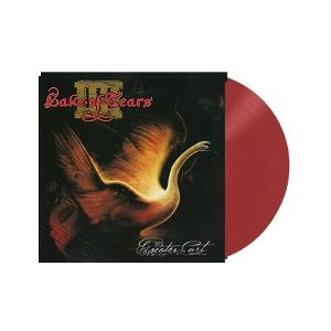 Albumcover mit Schwan-Grafik, rote Vinyl-Schallplatte rechts.