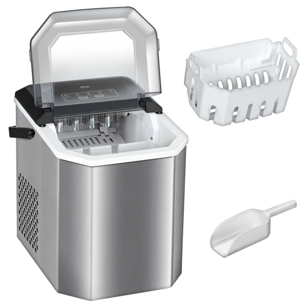 Maszyna do lodu z otwartą pokrywą, białym koszem na lód i szufelką do lodu. Maszyna do lodu jest srebrna z czarnym blatem.