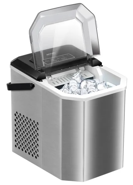 Kostkarka do lodu z otwartą pokrywą, pokazująca kostki lodu w środku. To srebrna maszyna z przezroczystą pokrywą.