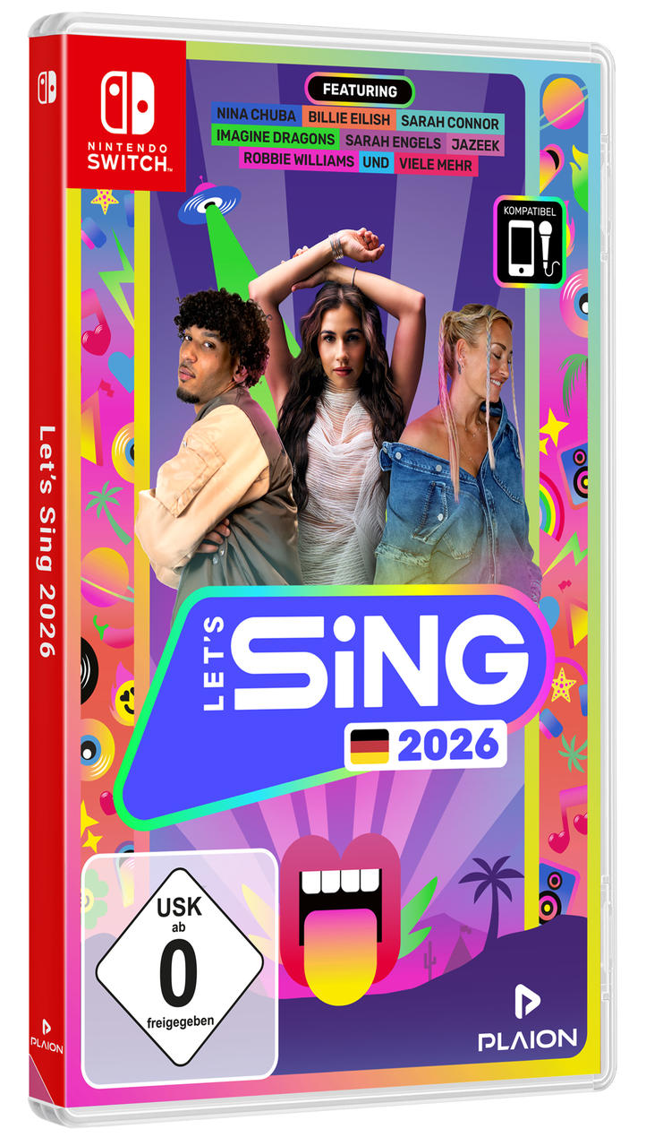 Spielcover mit drei Personen, Titel 'Let's Sing 2026', mit Künstlern wie Billie Eilish. Enthält eine USK 0-Bewertung.