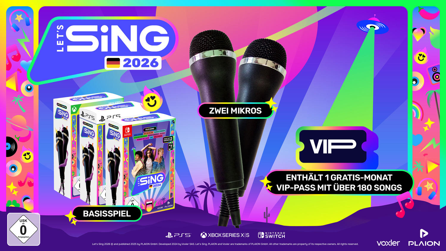 Werbebild für Let's Sing 2026. Enthält Spielboxen, zwei Mikrofone und einen VIP-Pass. Bunter Hintergrund.