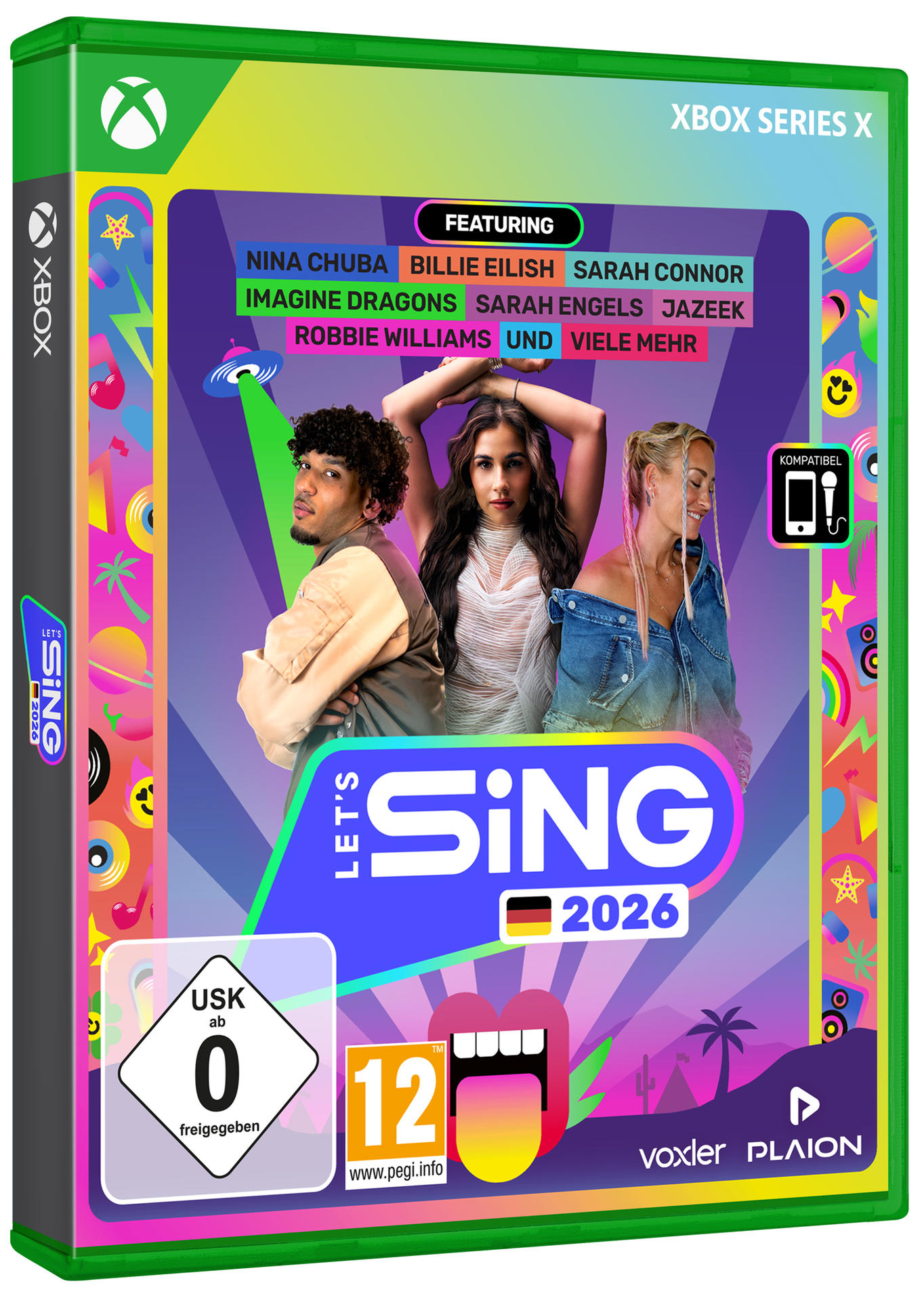 Xbox-Spielhülle, 'Let's Sing 2026', mit Billie Eilish u. a. Grün-violettes Design mit Altersfreigabe 0.