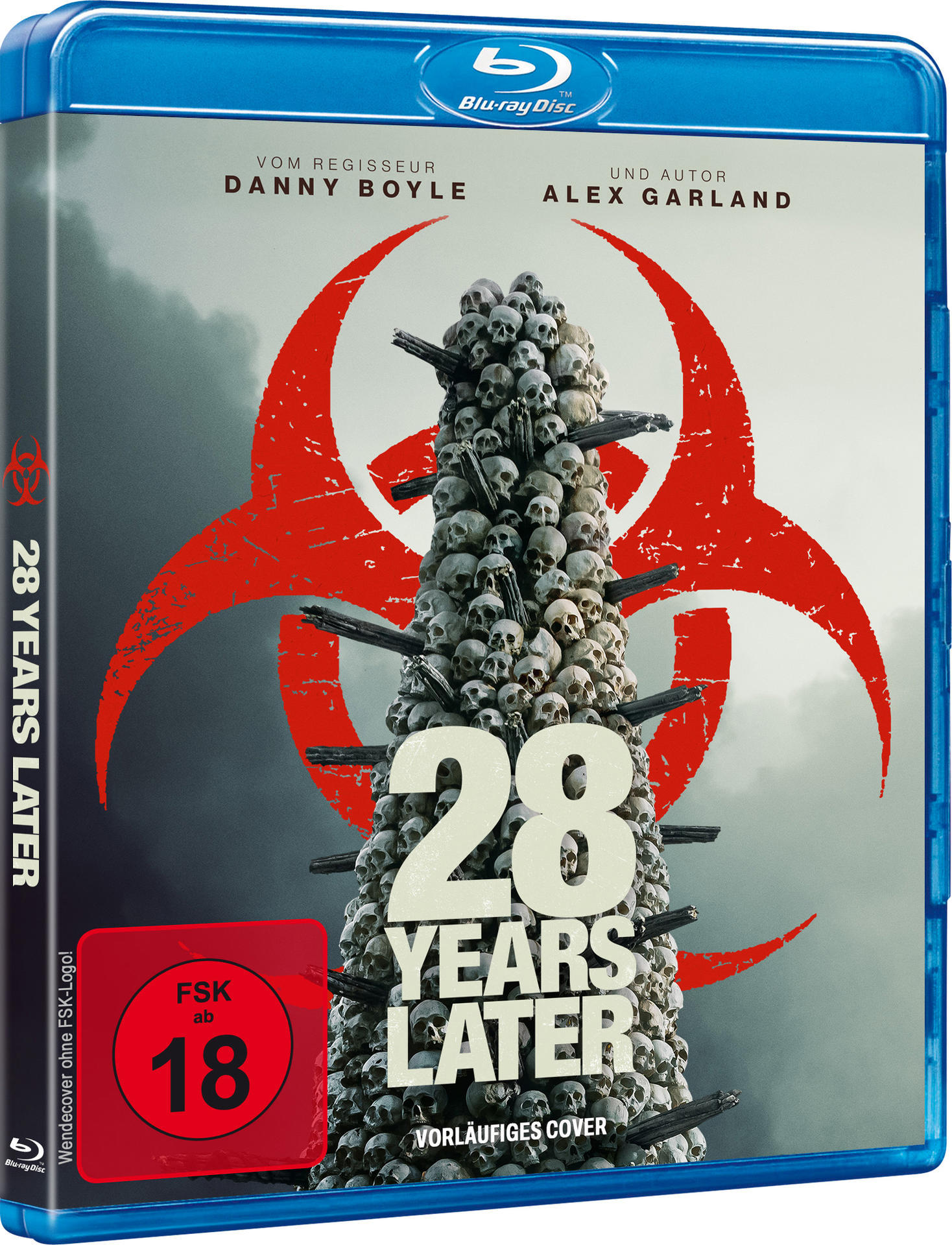 Blu-ray-Cover für "28 Years Later". Ein Turm aus Schädeln, rotes Biohazard-Symbol, grauer Hintergrund und der Titel.