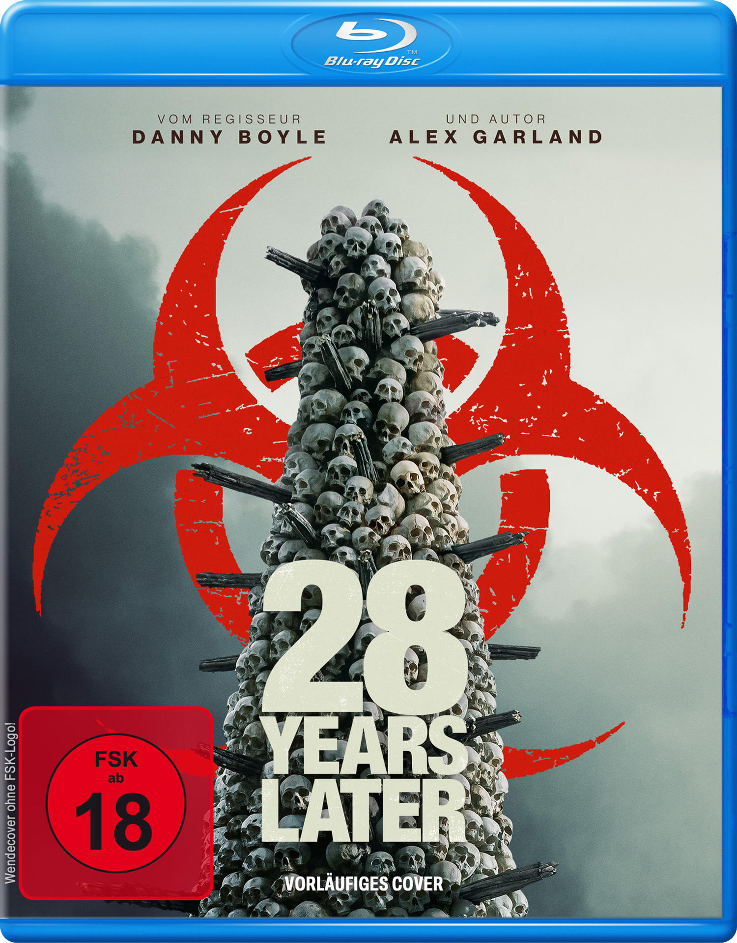 Blu-ray-Cover für "28 Years Later". Es zeigt eine Schädelstruktur vor einem Gefahrensymbol, mit Textüberlagerung.