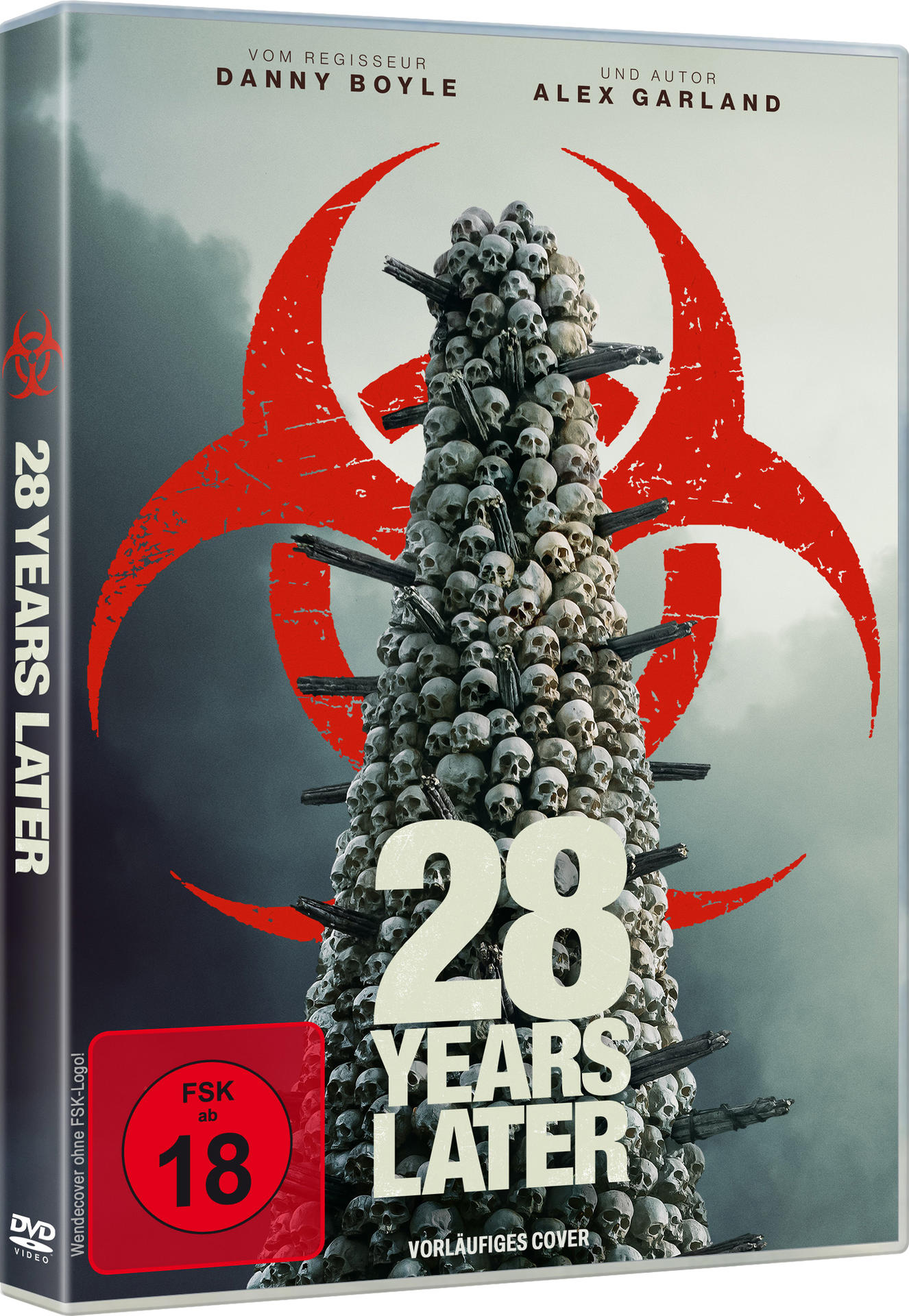 Filmcover. Ein Totenkopfturm mit rotem Gefahrensymbol. Titel: 28 Years Later. Regie: Danny Boyle und Alex Garland.