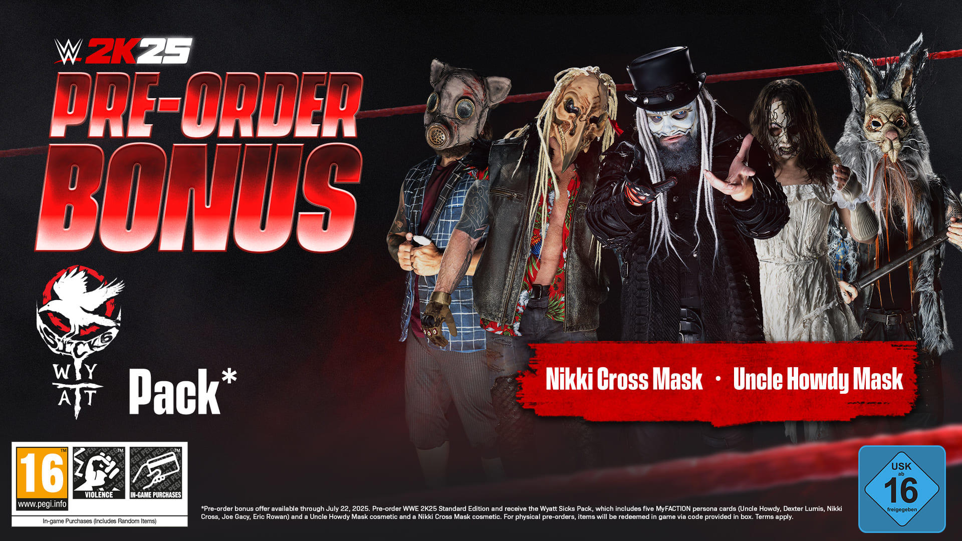 Werbebild für WWE 2K25. Zeigt maskierte Charaktere, Spiellogo und Vorbesteller-Bonustext. USK 16-Rating ist sichtbar.