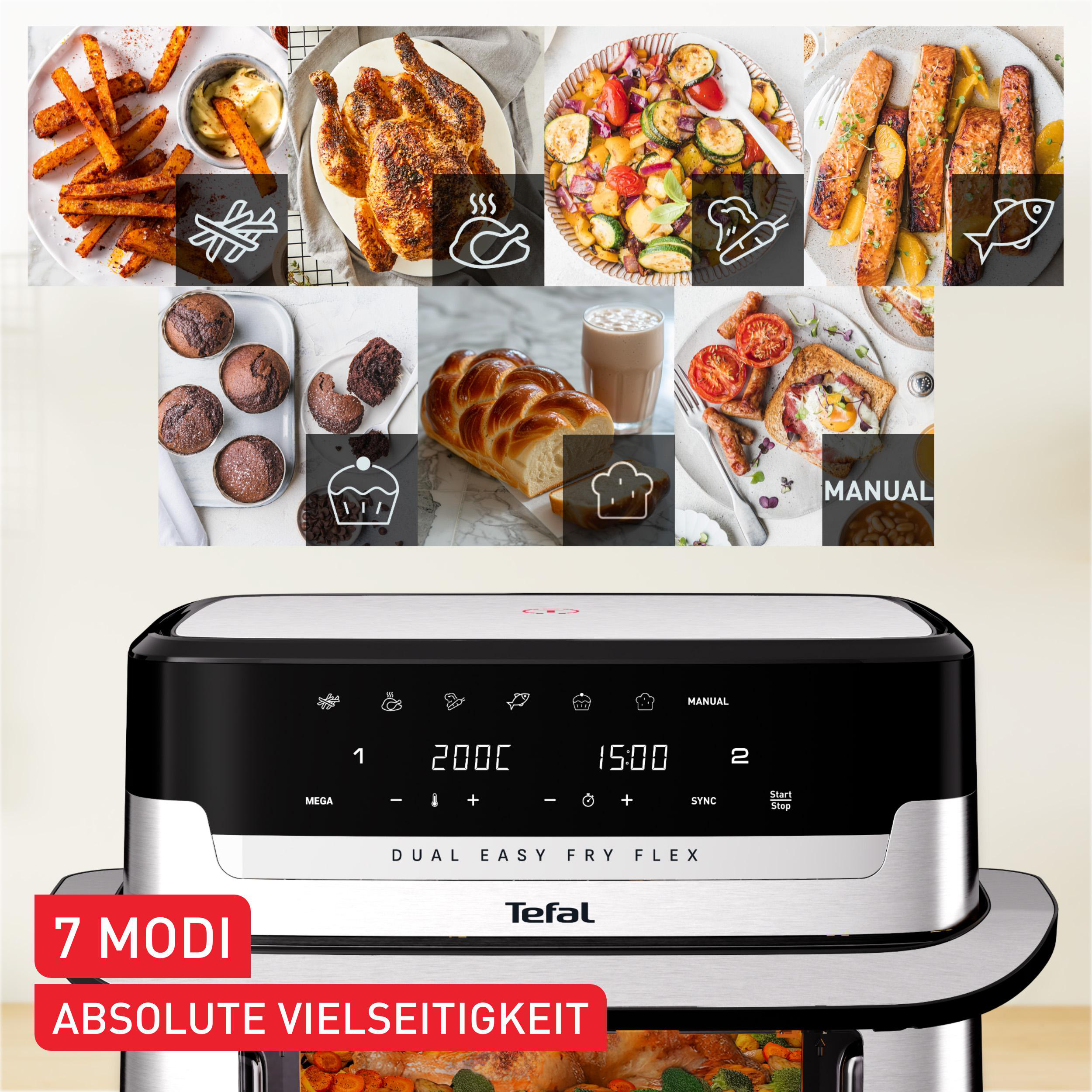 Ein Airfryer mit verschiedenen Gerichten wie Pommes, Hähnchen, Gemüse und Fisch. Der Fryer hat ein digitales Display.