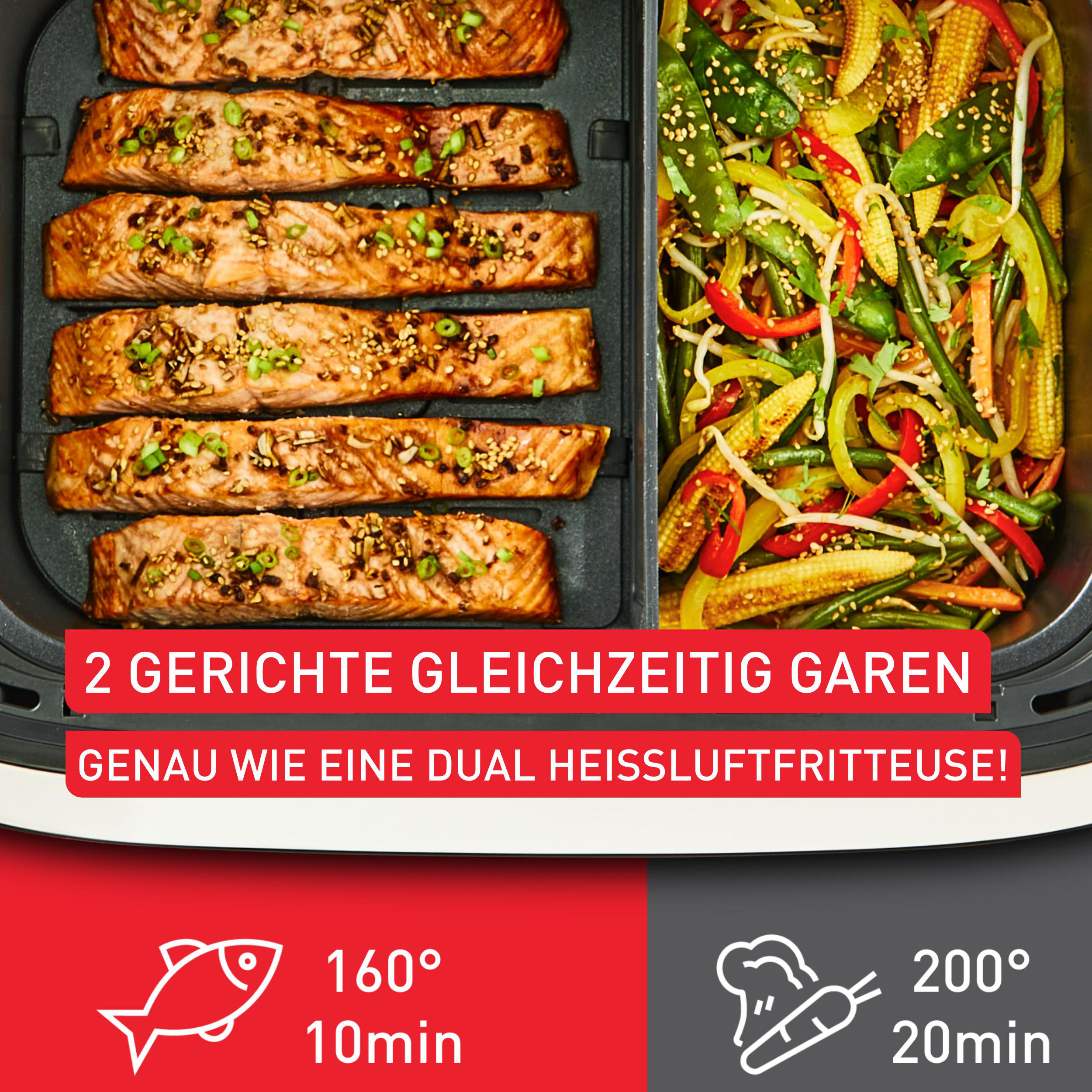 Das Bild zeigt Lachsfilets und Gemüse in einer Dual-Zone-Heißluftfritteuse. Text zeigt die Kocheinstellungen.