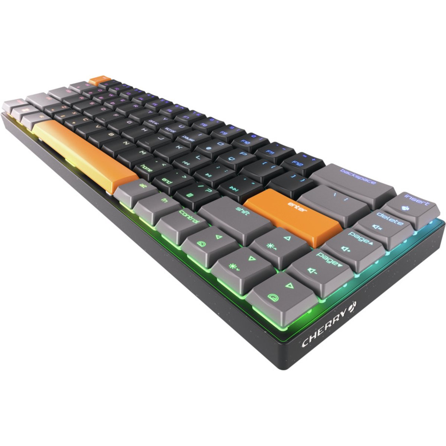 A keyboard with black, grey, and orange keys. The keyboard has a black frame. The brand name CHERRY is visible.