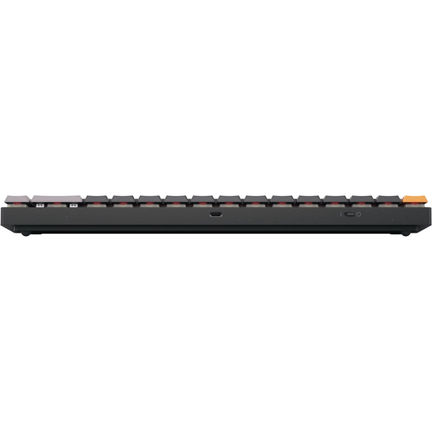 A black computer keyboard with gray keycaps. Orange escape key. White background.