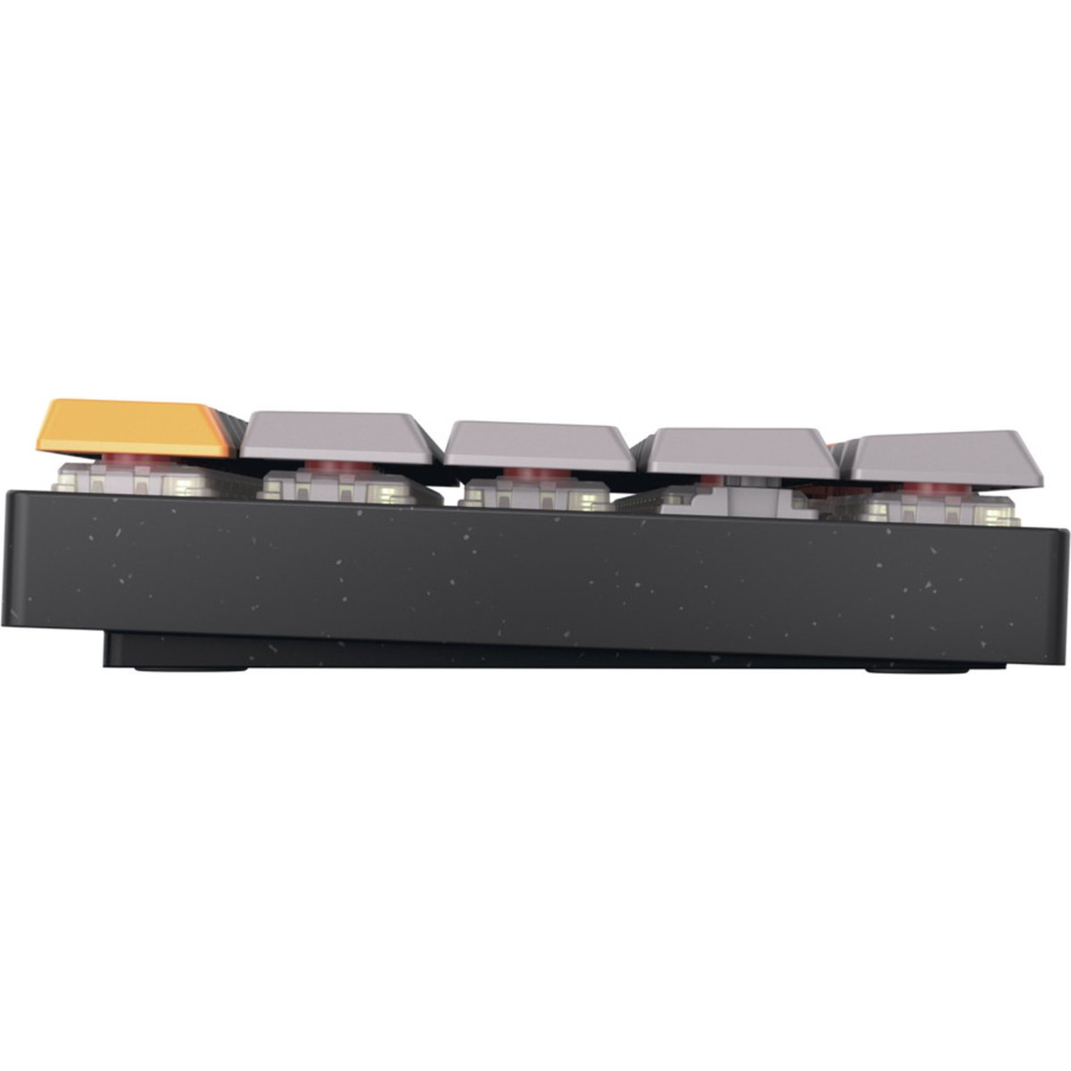 Side view of a mechanical keyboard. It has gray and orange keys, and a black base. The background is white.