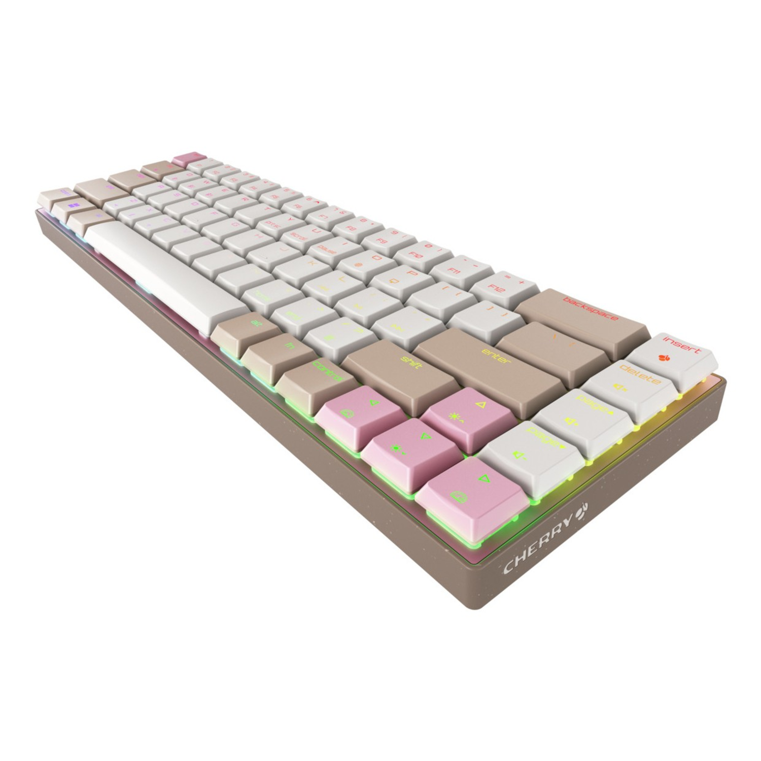 A compact, colorful keyboard with light-colored keys, brown frame, and pink and green accent keys. The brand name 'CHERRY' is visible.