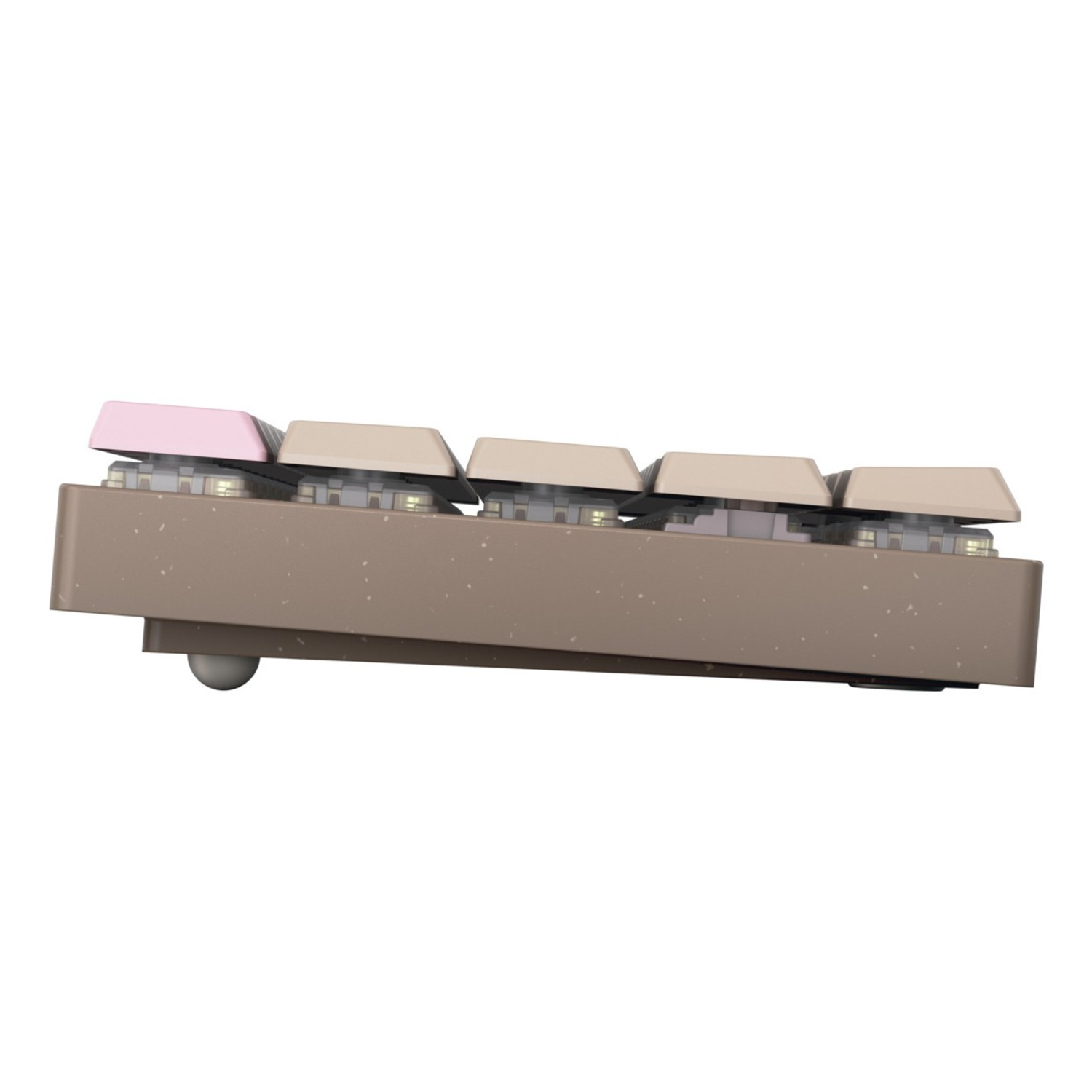 Side view of a mechanical keyboard. It has pink and beige keys, a brown speckled case, and a small silver foot.