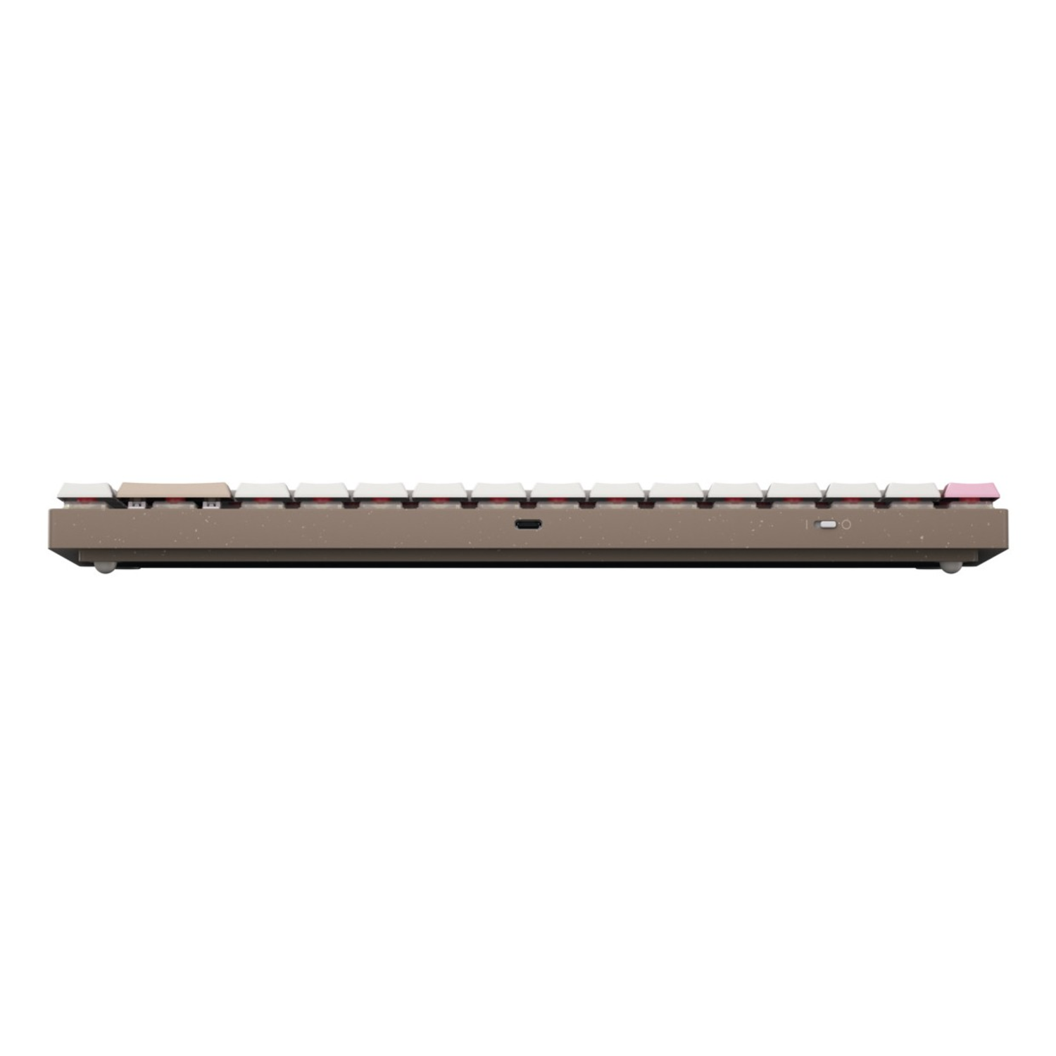A brown and white keyboard. White keys with pink accents. A USB port is visible. The background is white.
