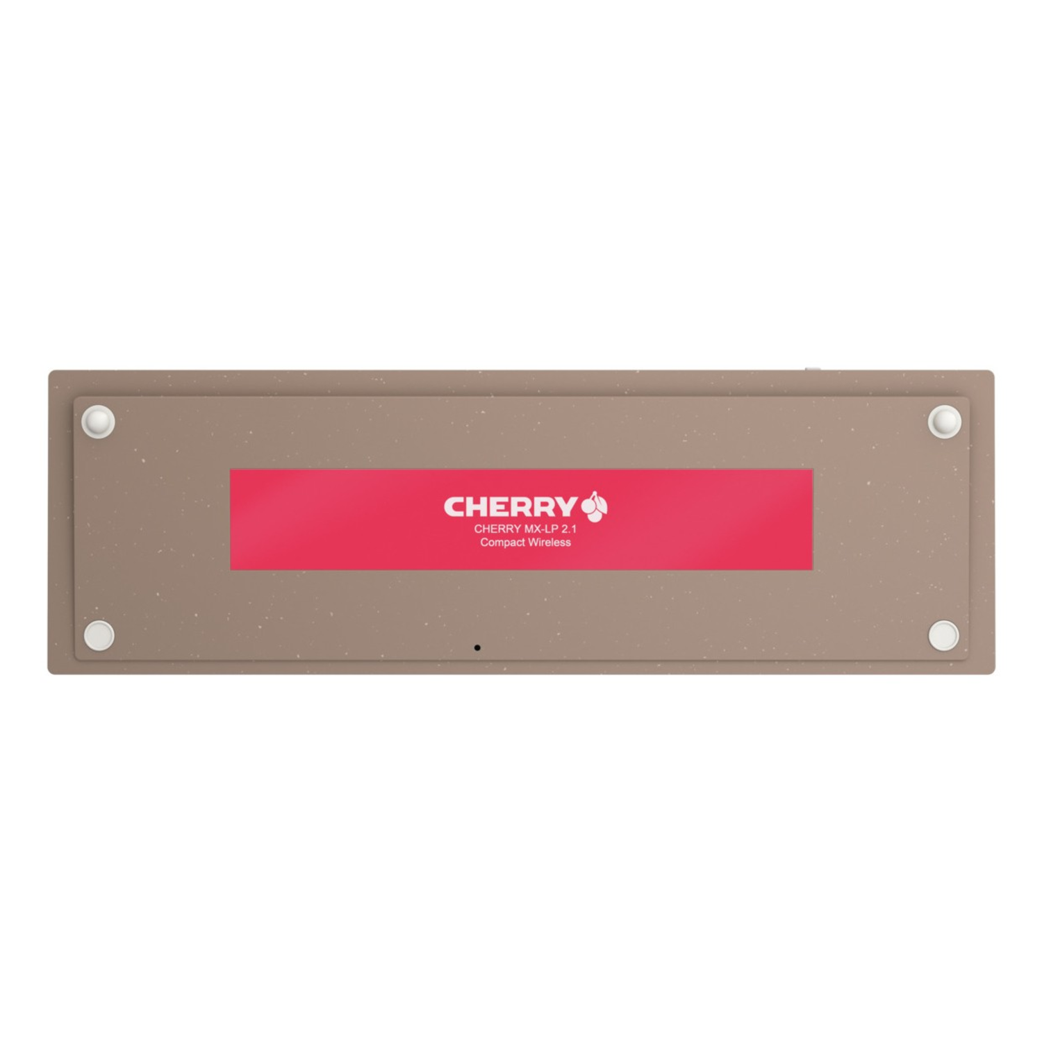 Top view of a brown keyboard with a red panel and white buttons. The panel has the 'CHERRY' logo and product info.