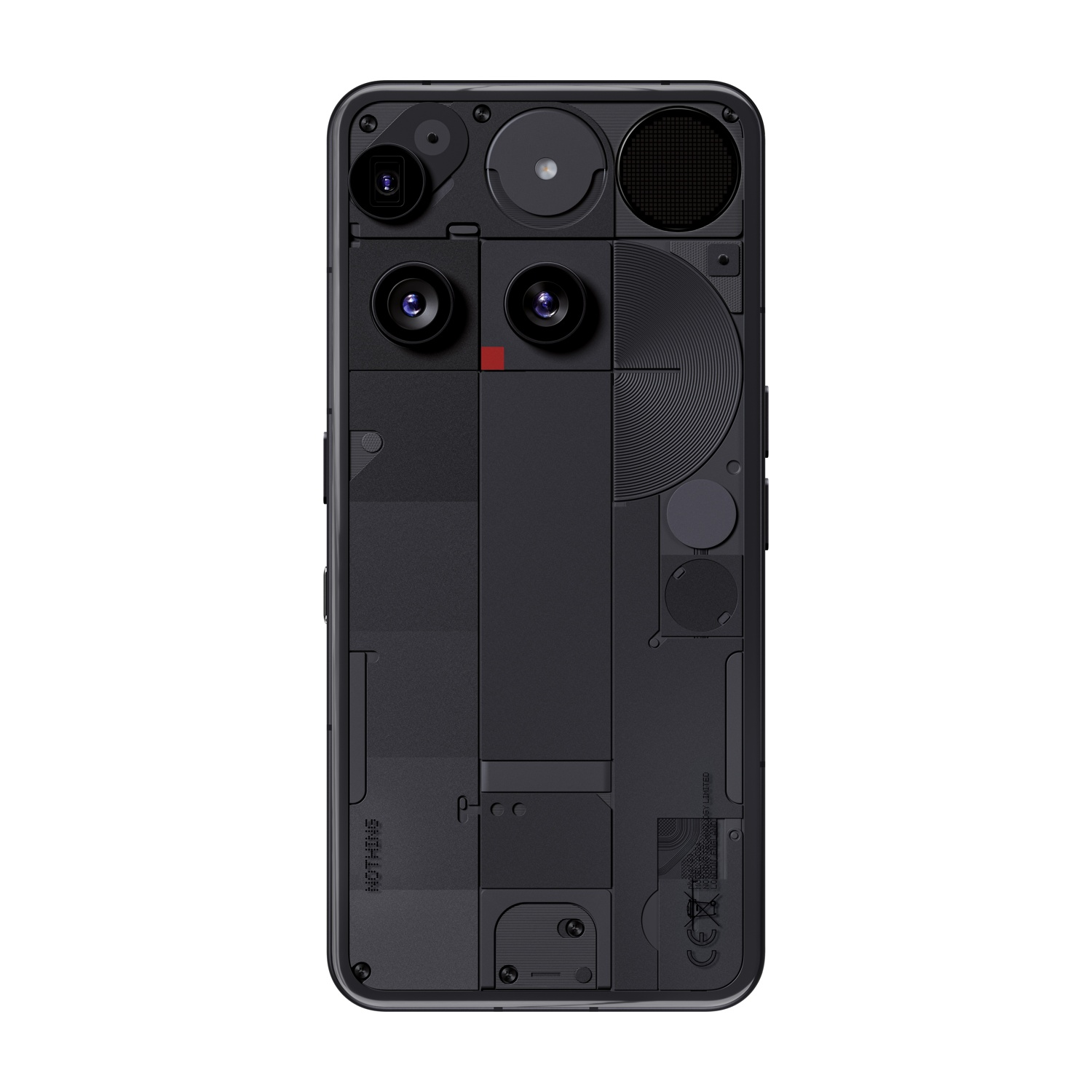 Retro del telefono nero con più lenti, cerchi e un quadrato rosso. Il design mostra i componenti interni.