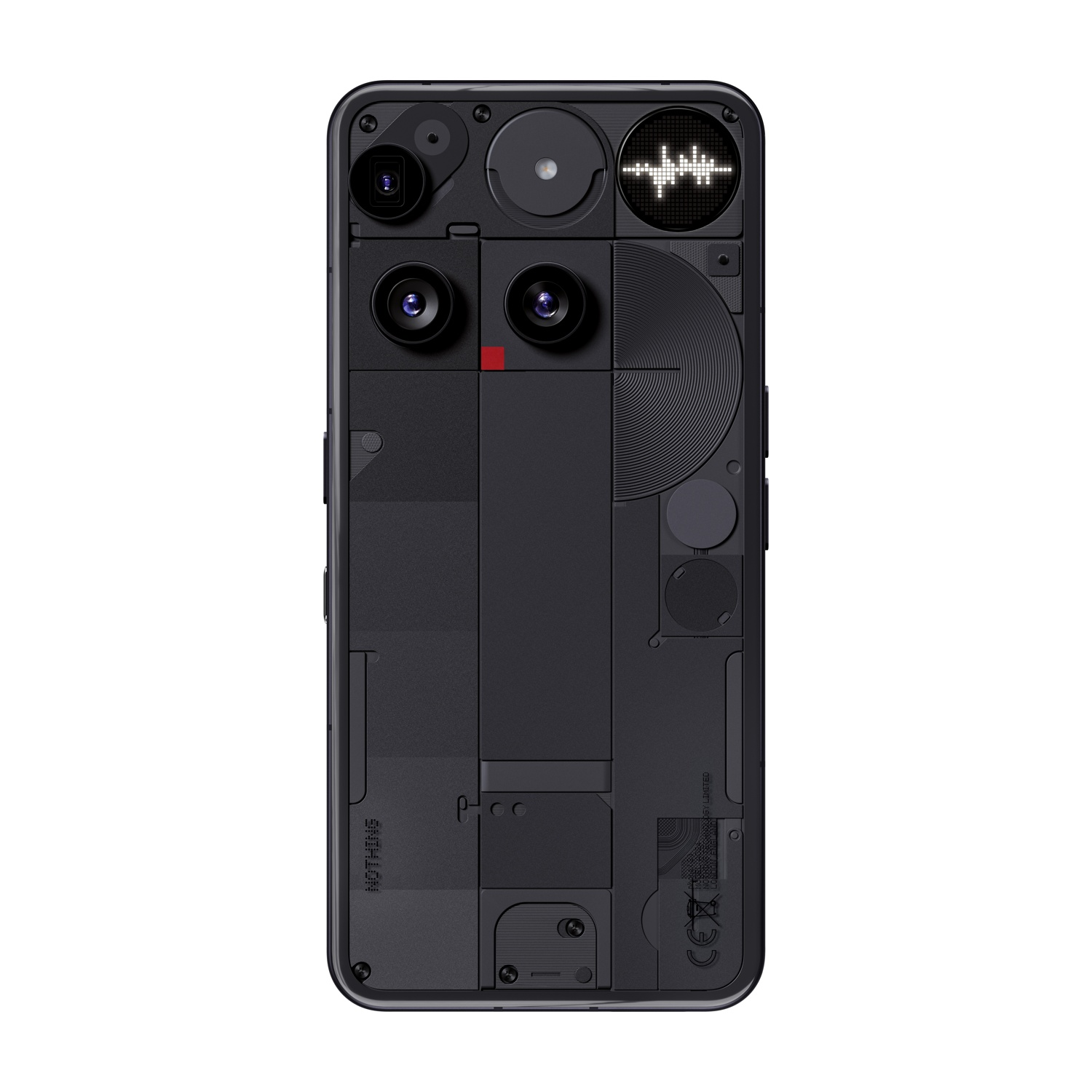 Retro di smartphone nero con componenti visibili, tra cui fotocamere, un visualizzatore audio e il marchio 'NOTHING'.