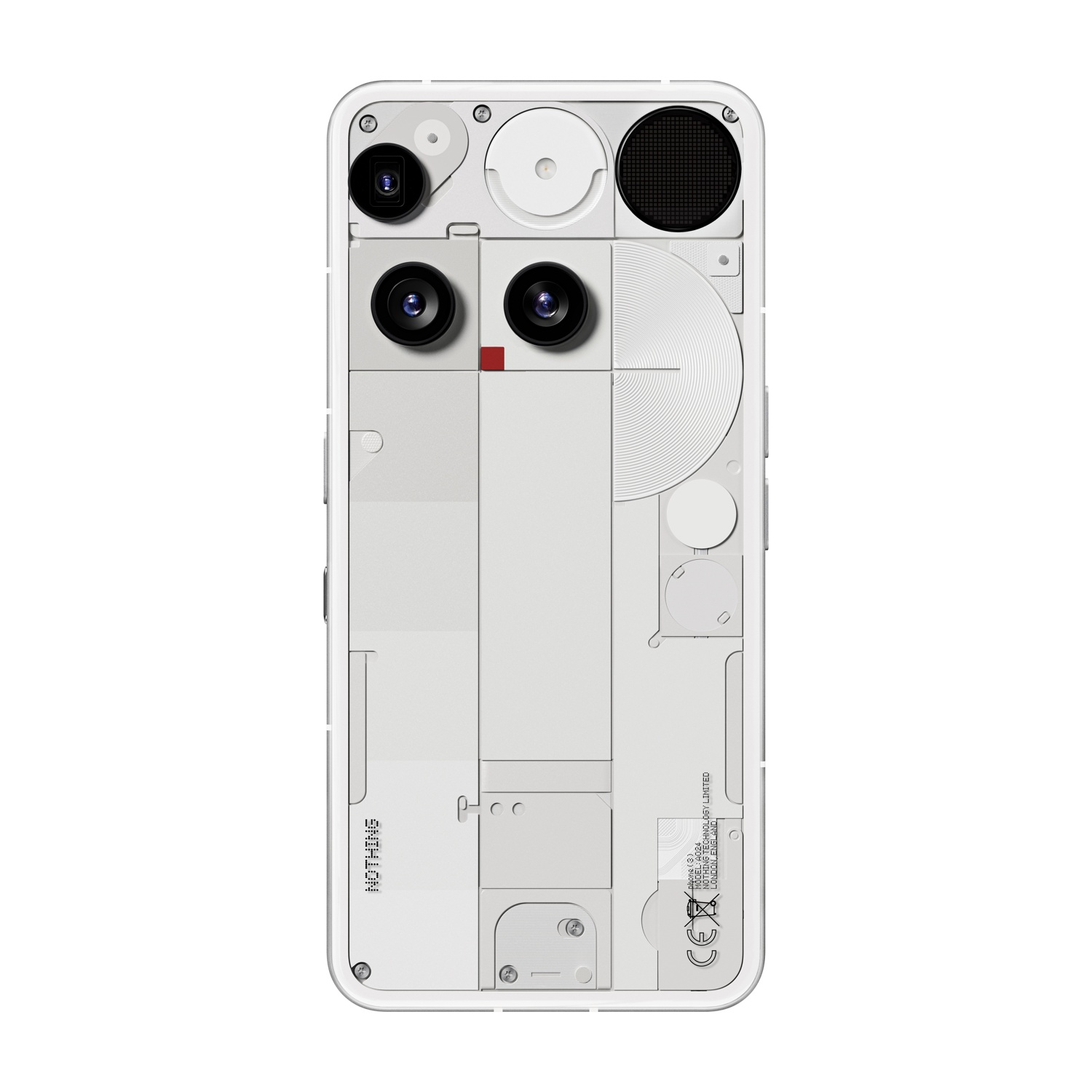 Uno smartphone bianco con retro trasparente, che mostra componenti interni, due fotocamere e il marchio 'NOTHING'.