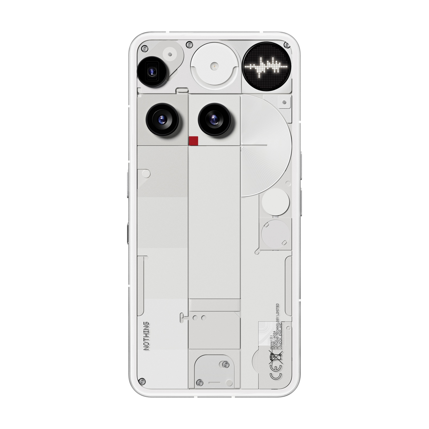Retro di smartphone bianco con elementi trasparenti. Ha fotocamere, un punto rosso e un display grafico. Il marchio è visibile.